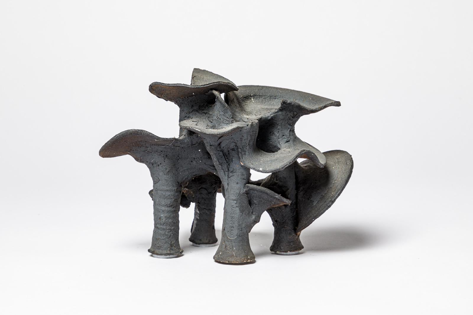 French 20th century Black abstract ceramic sculpture by Joelle Deroubaix La Borne 1980 For Sale