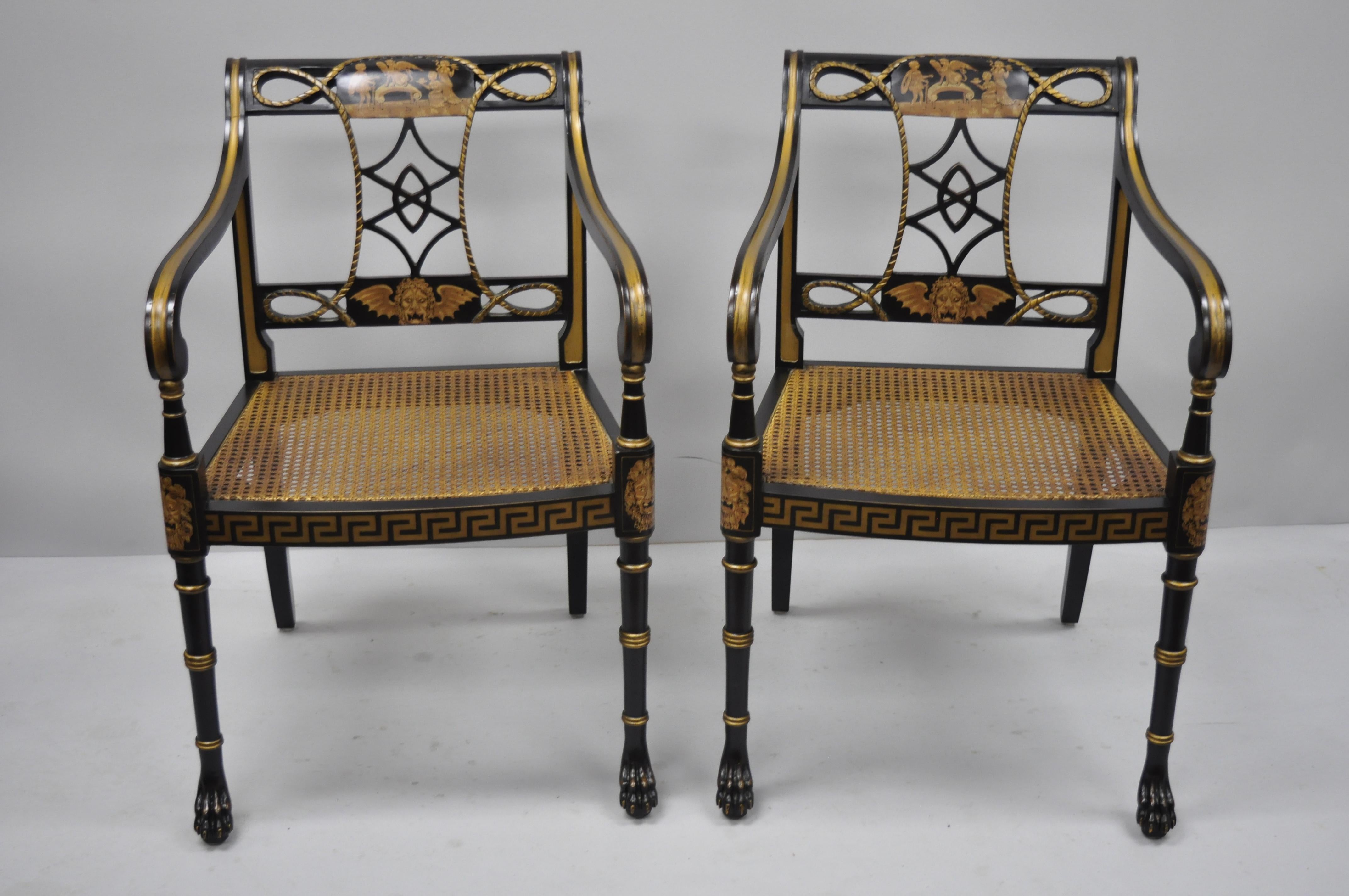 20th Century Black and Gold English Regency Style Greek Key Paw Foot Armchairs 6