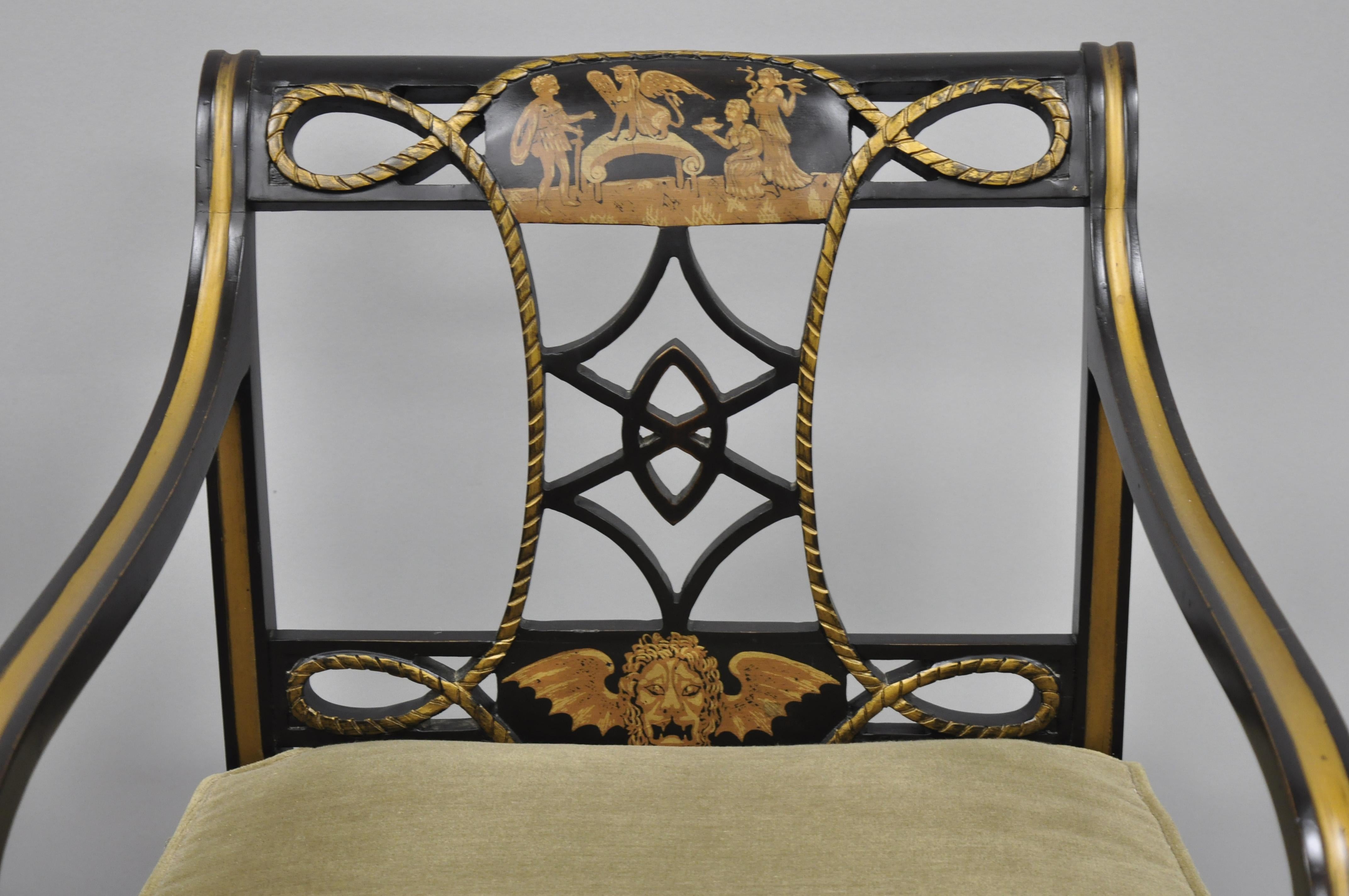 20th Century Black and Gold English Regency Style Greek Key Paw Foot Armchairs In Good Condition In Philadelphia, PA