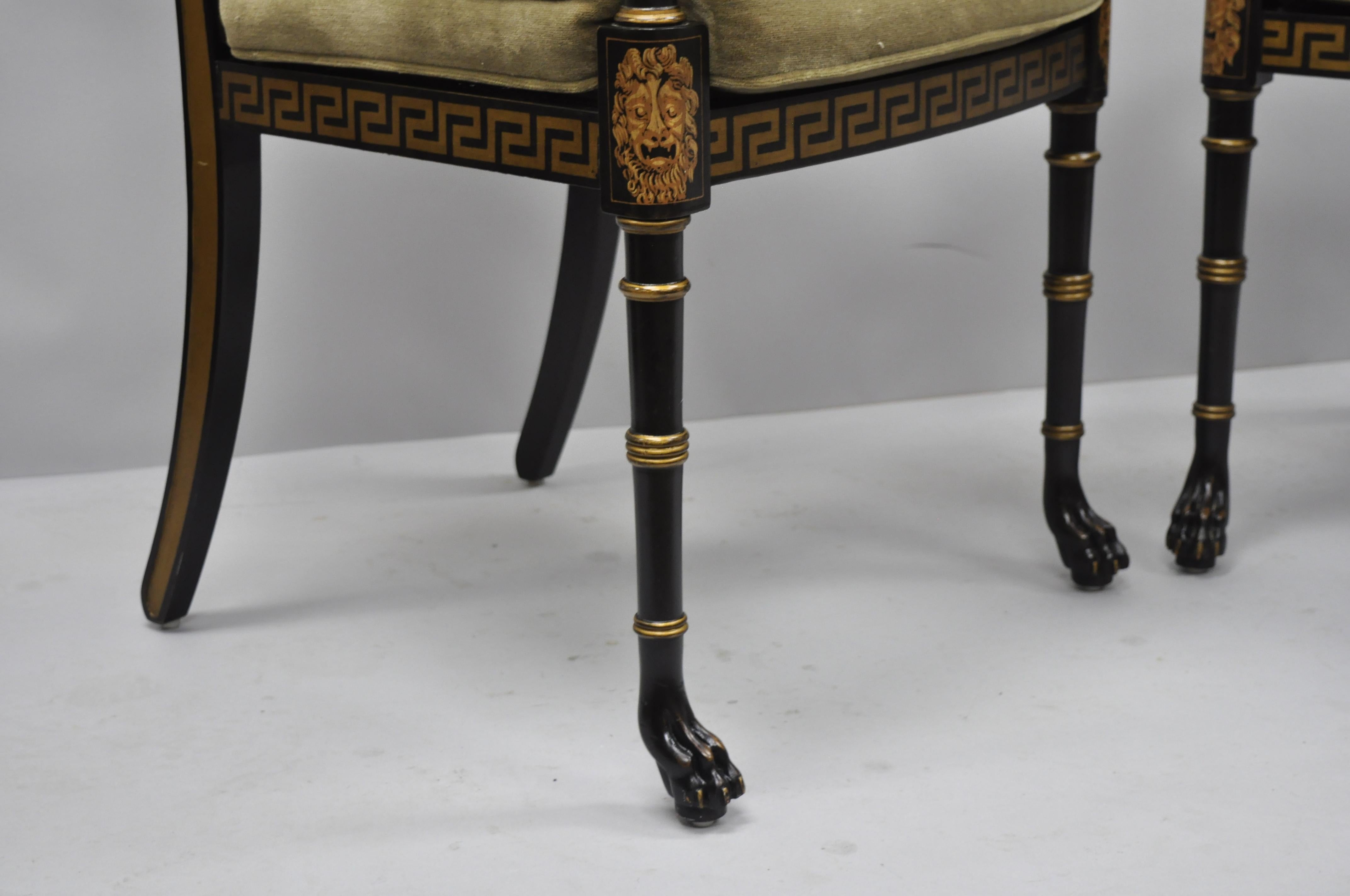 Cane 20th Century Black and Gold English Regency Style Greek Key Paw Foot Armchairs