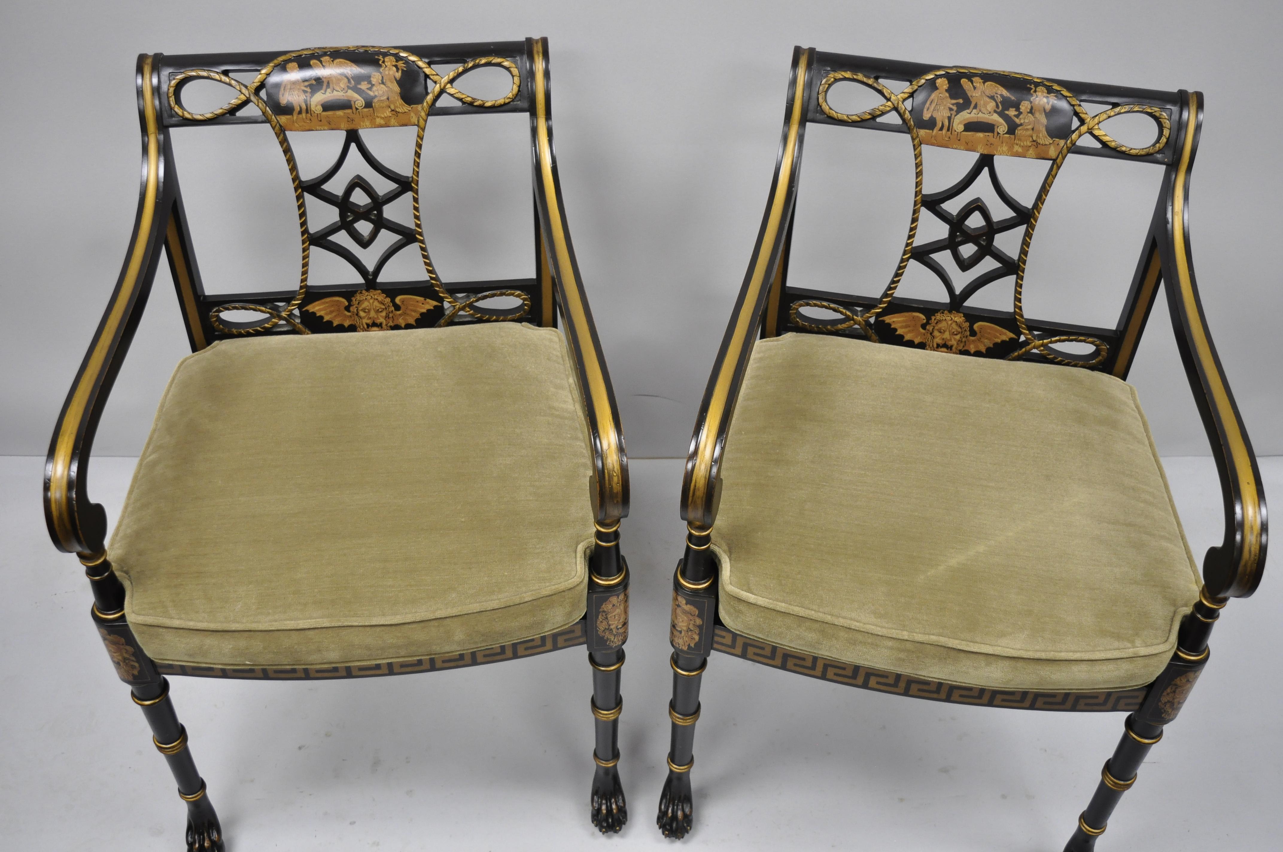 20th Century Black and Gold English Regency Style Greek Key Paw Foot Armchairs 1
