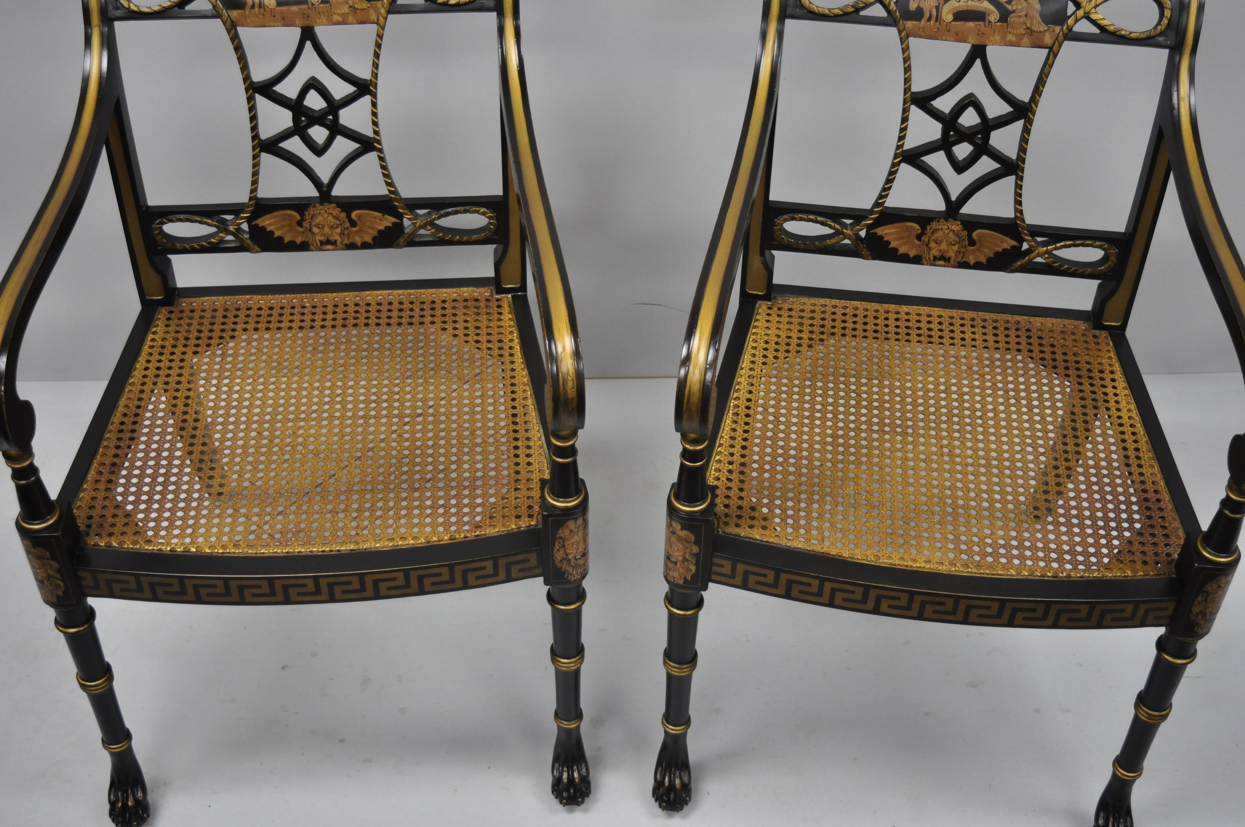 20th Century Black and Gold English Regency Style Greek Key Paw Foot Armchairs 2