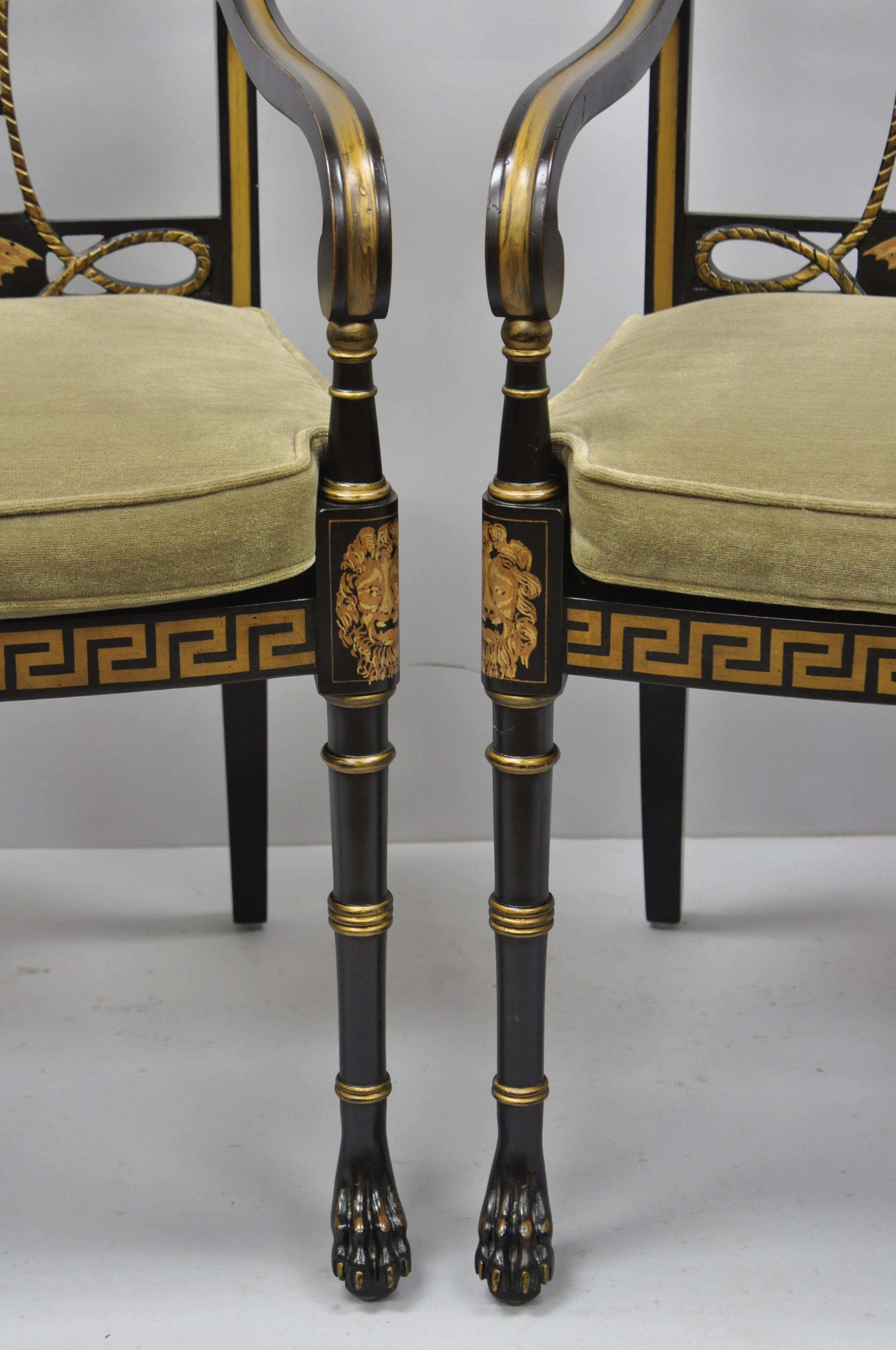20th Century Black and Gold English Regency Style Greek Key Paw Foot Armchairs 3