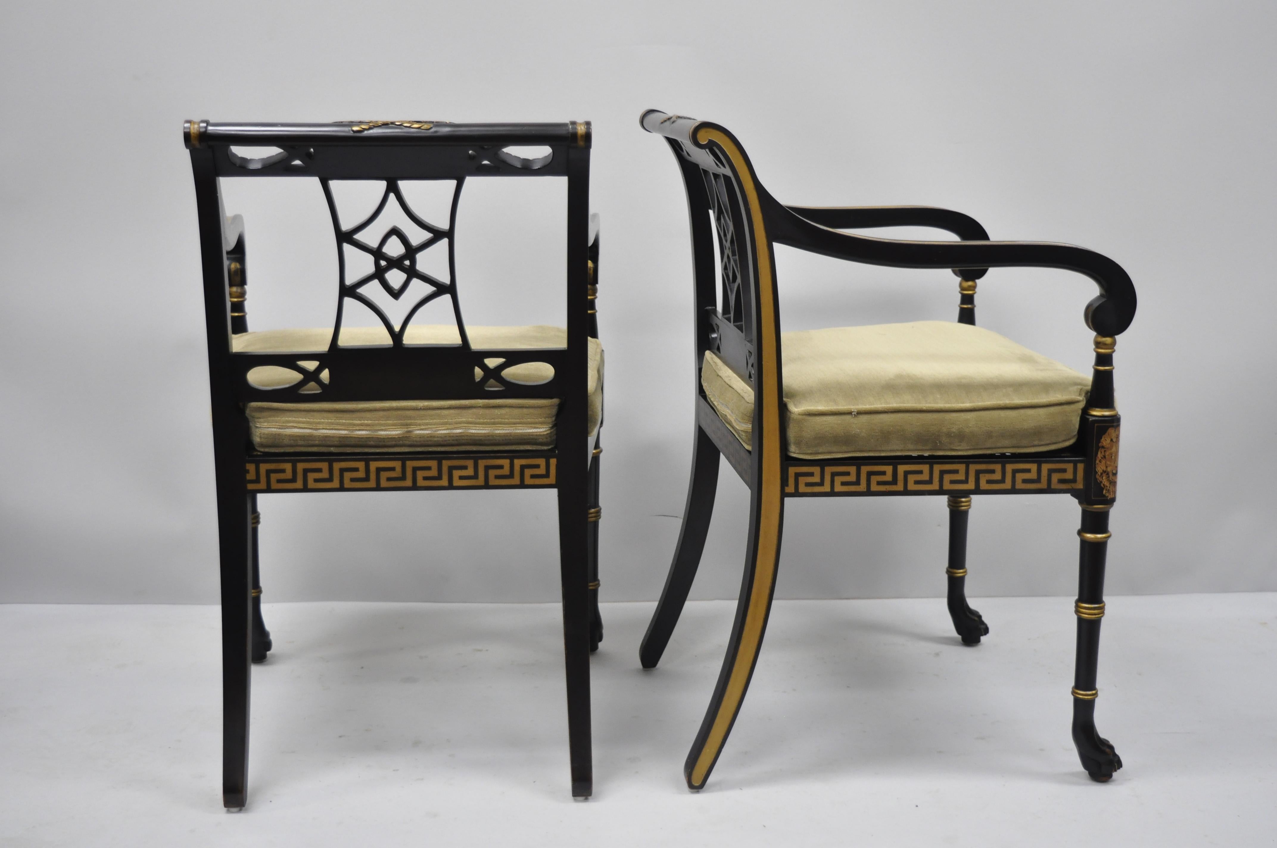 20th Century Black and Gold English Regency Style Greek Key Paw Foot Armchairs 4