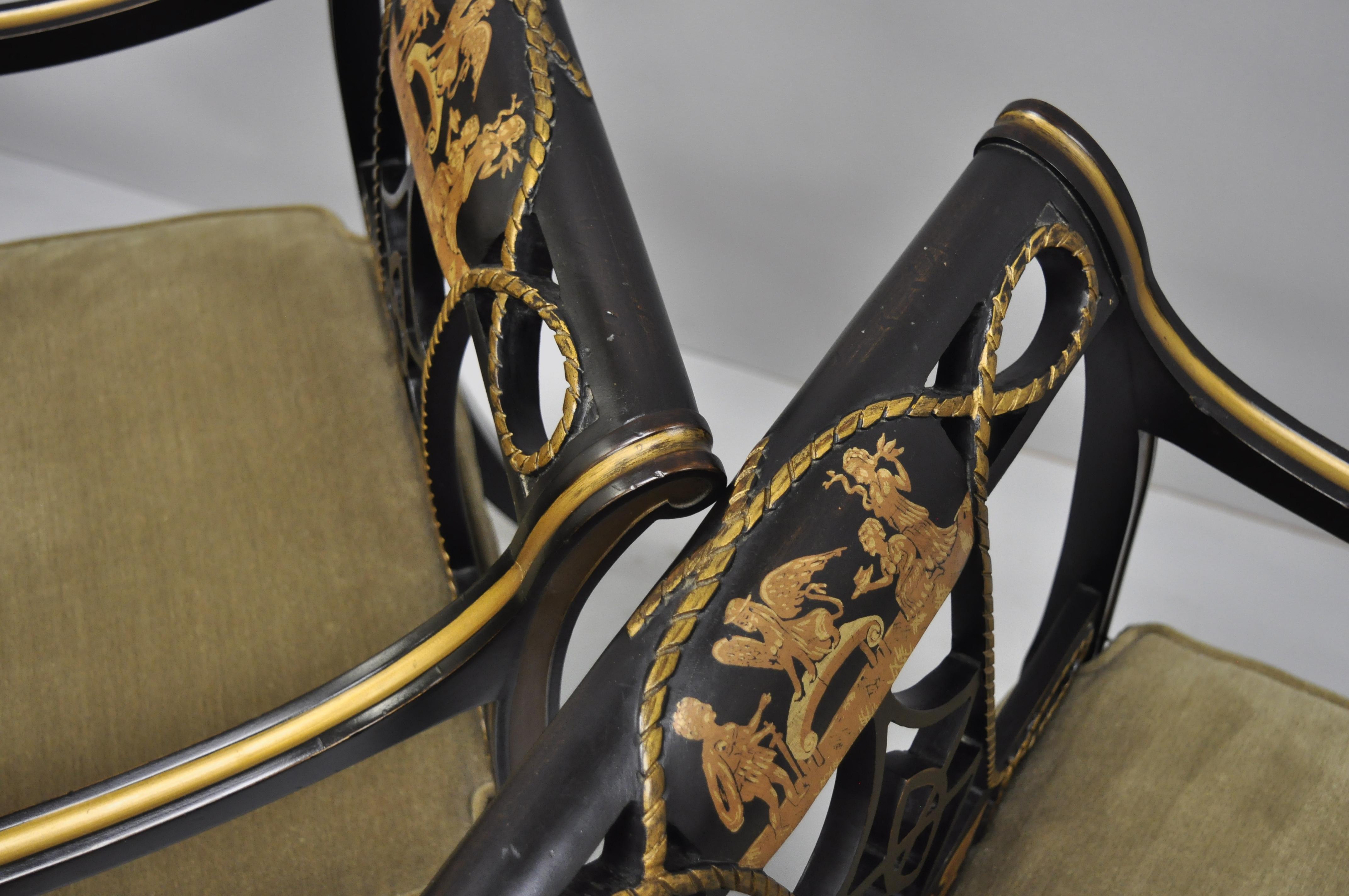 20th Century Black and Gold English Regency Style Greek Key Paw Foot Armchairs 5