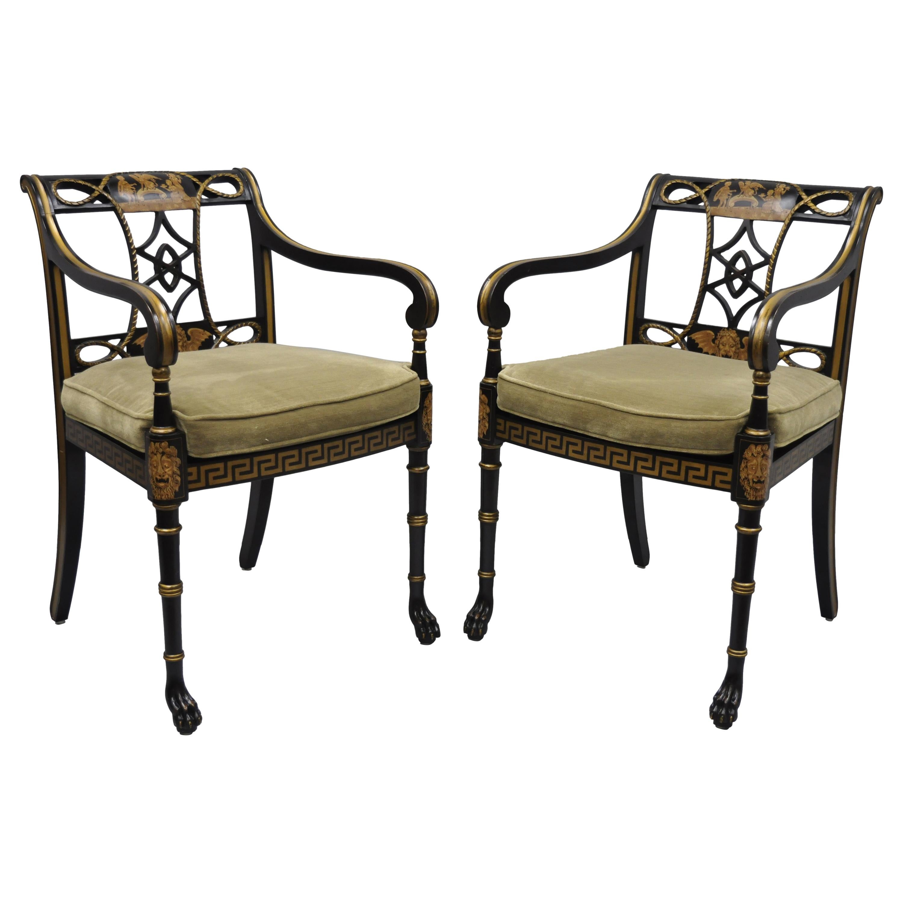 20th Century Black and Gold English Regency Style Greek Key Paw Foot Armchairs