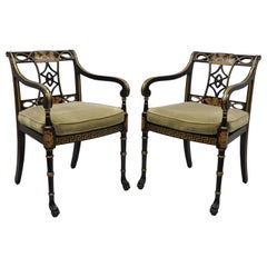 20th Century Black and Gold English Regency Style Greek Key Paw Foot Armchairs
