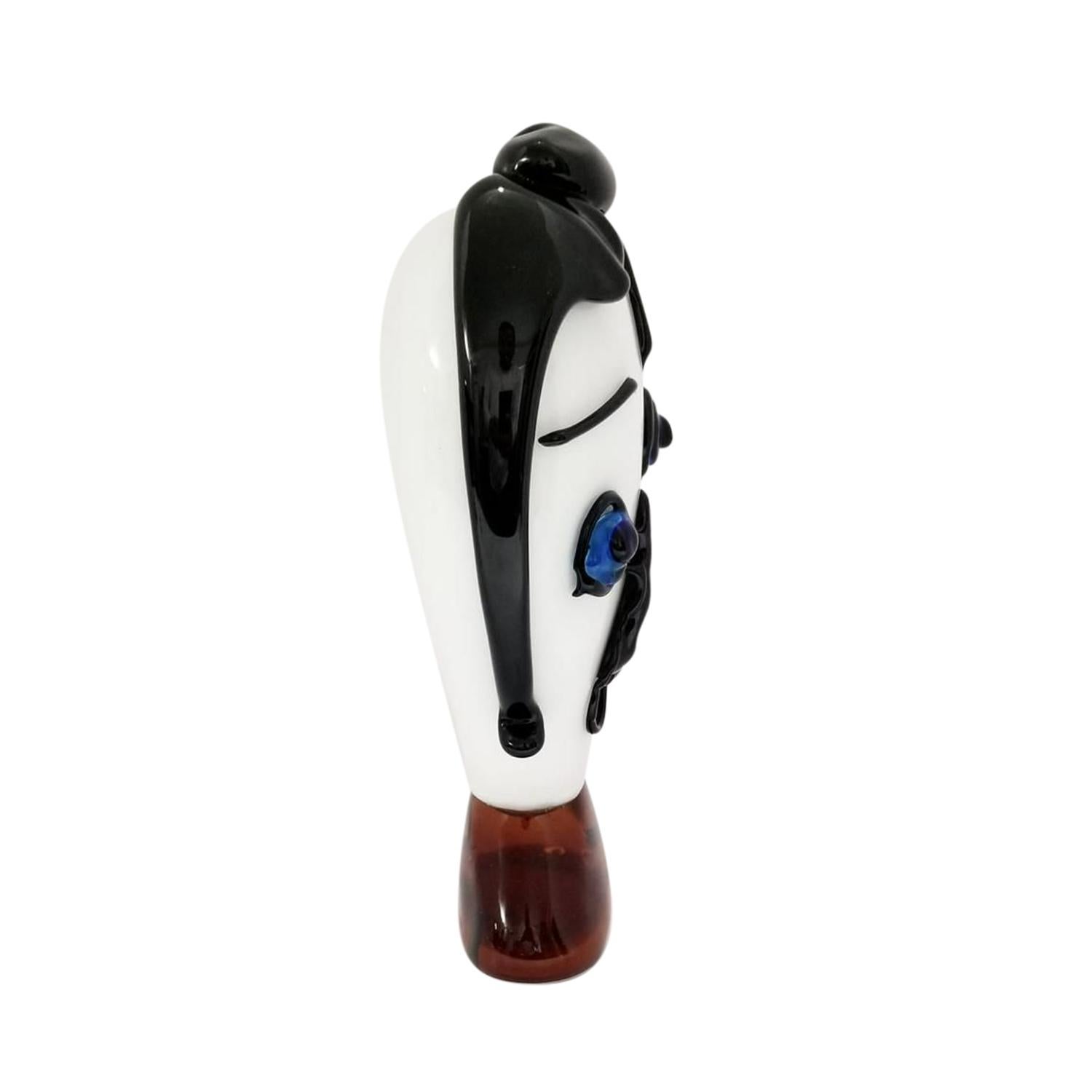 Mid-Century Modern 20th Century Black-Blue Italian Single Murano Glass Face, Vintage Décor For Sale