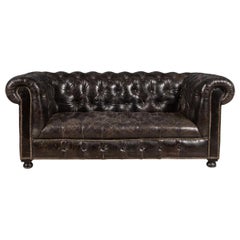 20th Century Black Chesterfield Leather Sofa with Button Down Seats