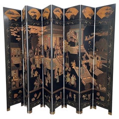 20th Century Black Chinese Lacquered Wood Screen, Vintage Room Divider