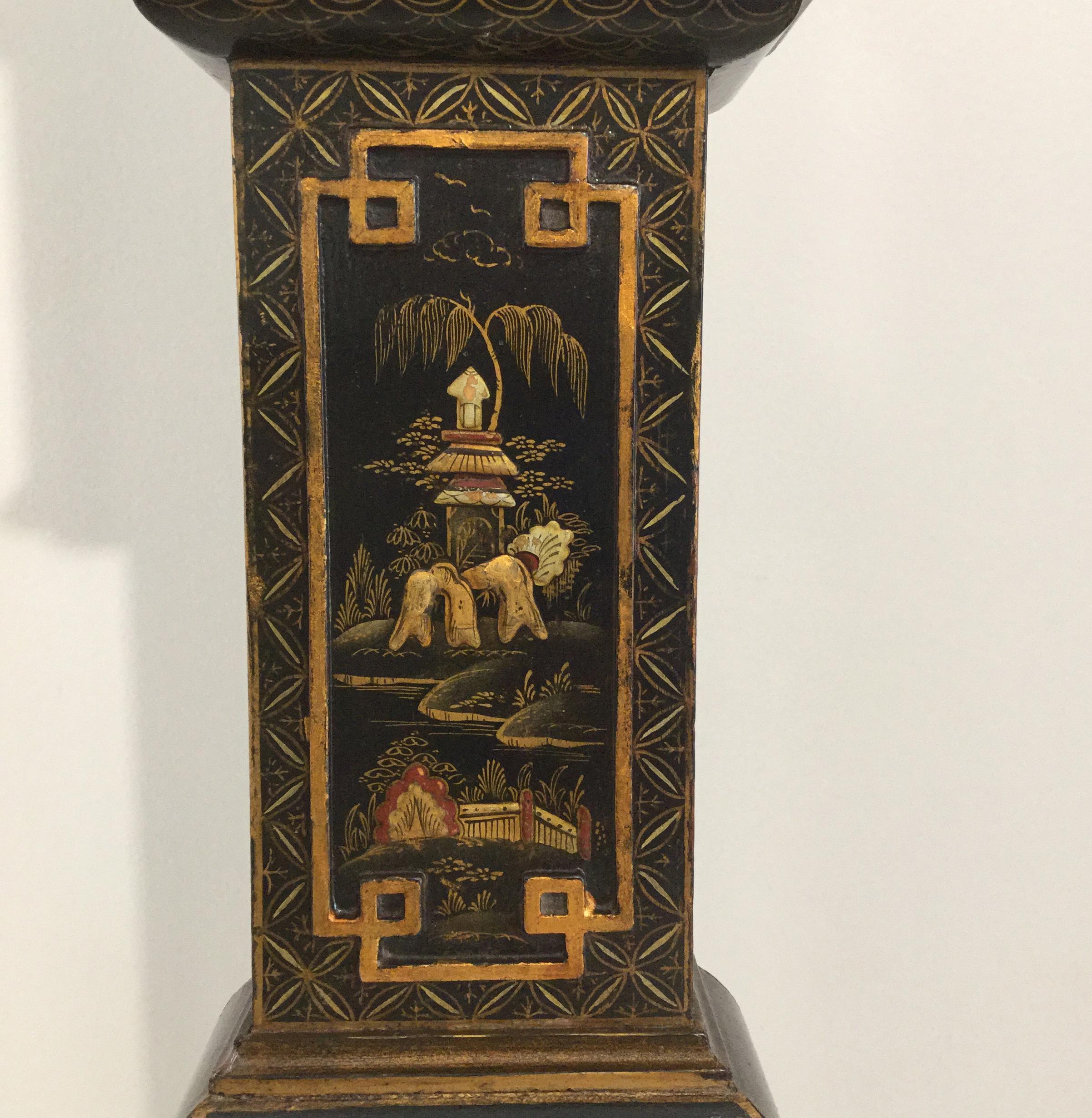 British English Black Chinoiserie Miniature Longcase Clock, Early 20th Century