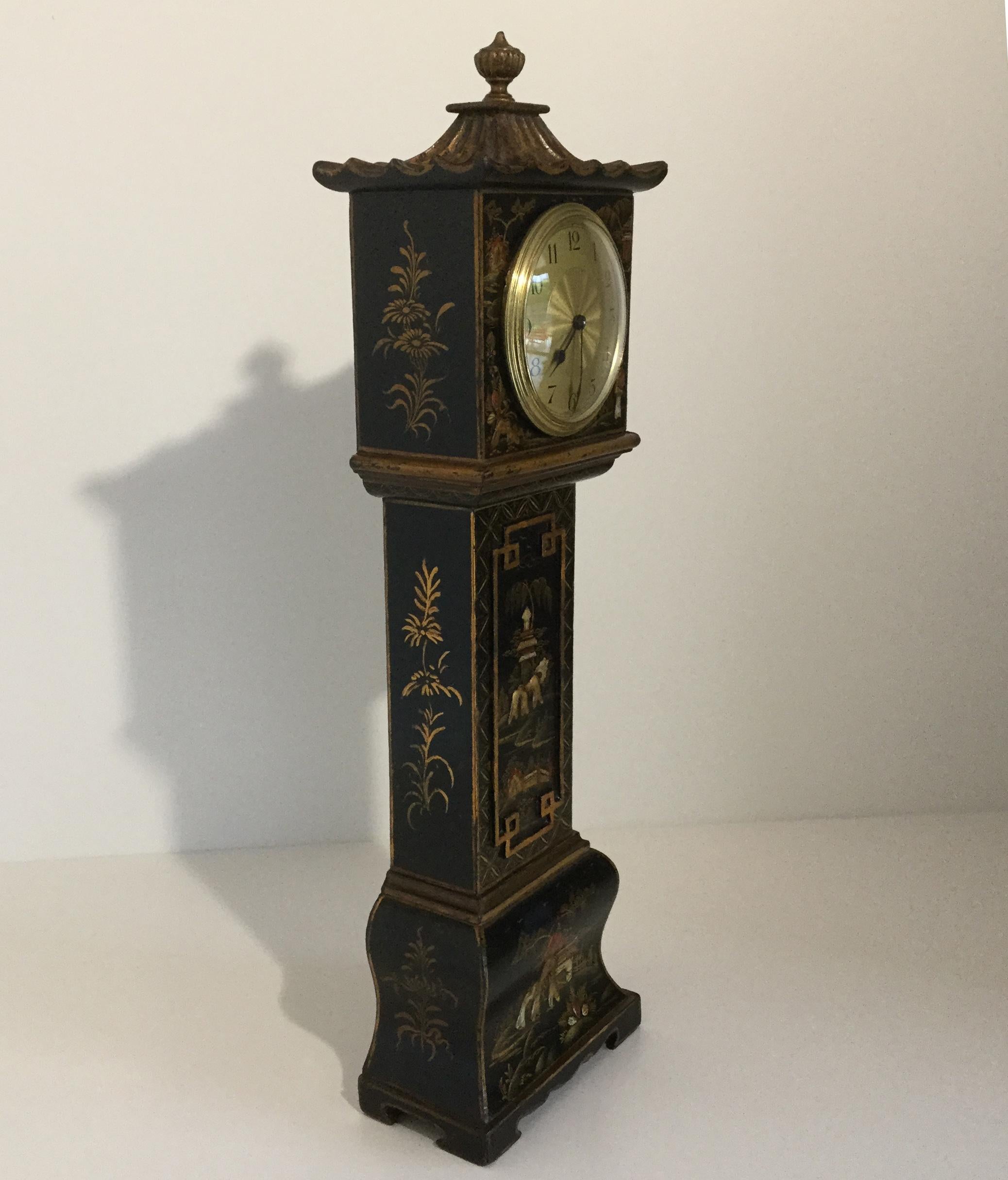 English Black Chinoiserie Miniature Longcase Clock, Early 20th Century In Good Condition In Melbourne, Victoria