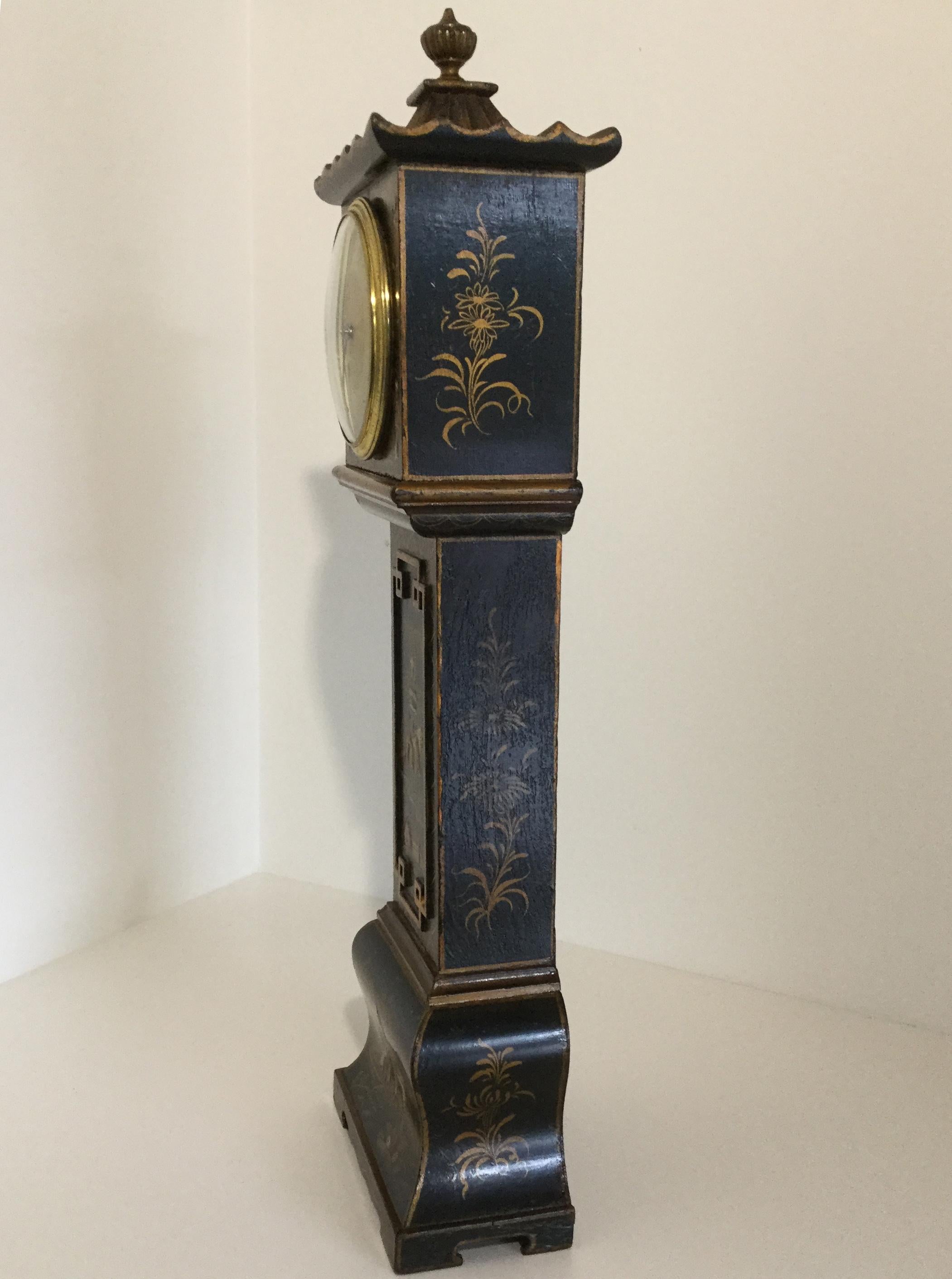 English Black Chinoiserie Miniature Longcase Clock, Early 20th Century 1