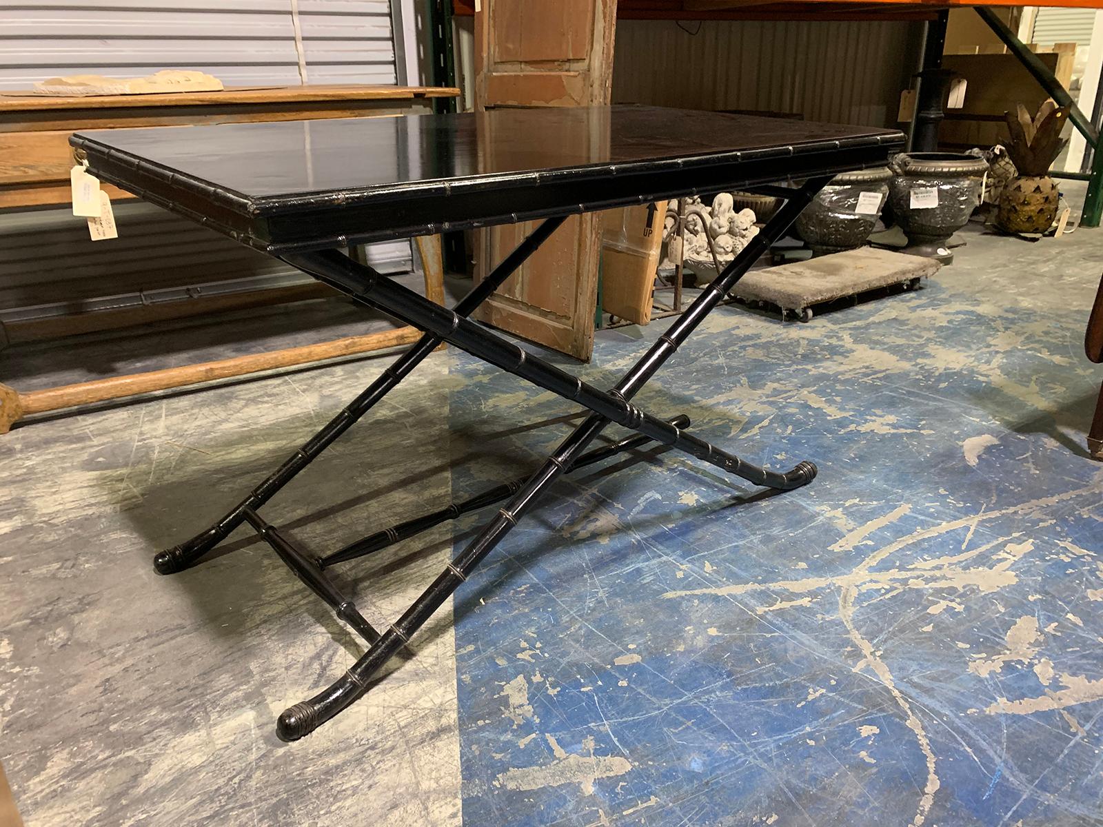 Painted 20th Century Black Coaching Table with Faux Bamboo Base For Sale