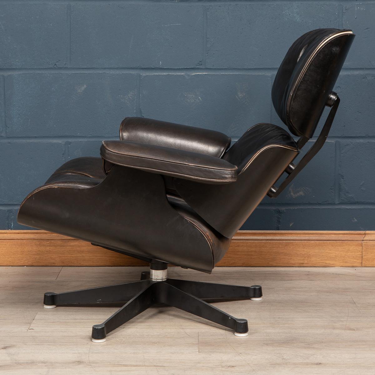 British 20th Century Black Eames Leather Lounge Chair & Ottoman by Vitra, c.1980