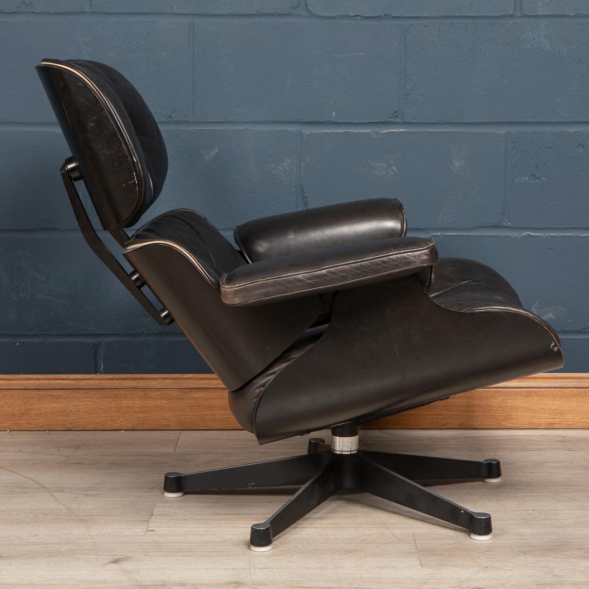 Plywood 20th Century Black Eames Leather Lounge Chair & Ottoman by Vitra, c.1980