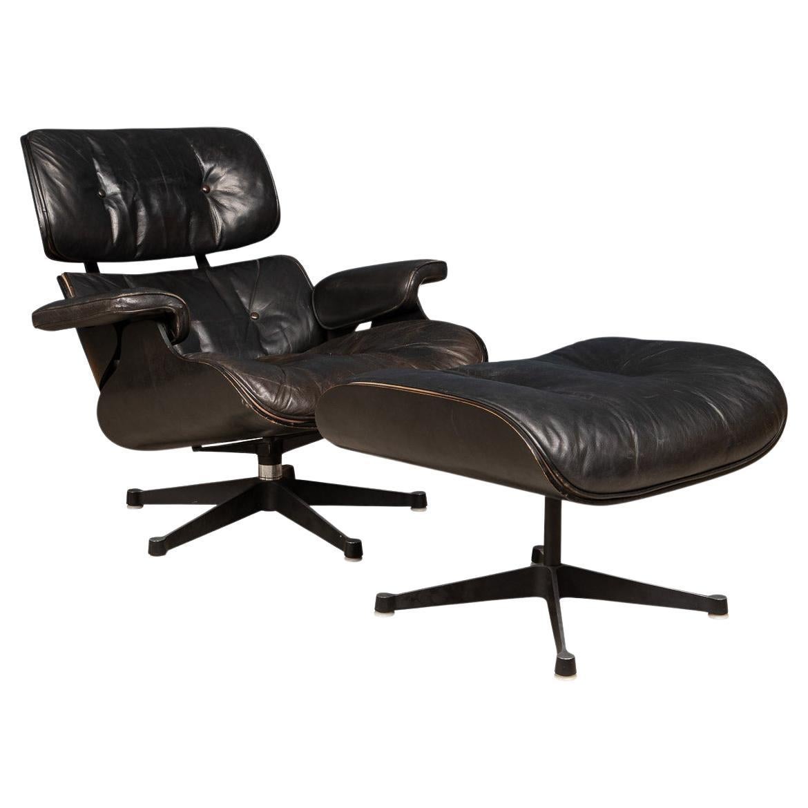 20th Century Black Eames Leather Lounge Chair & Ottoman by Vitra, c.1980