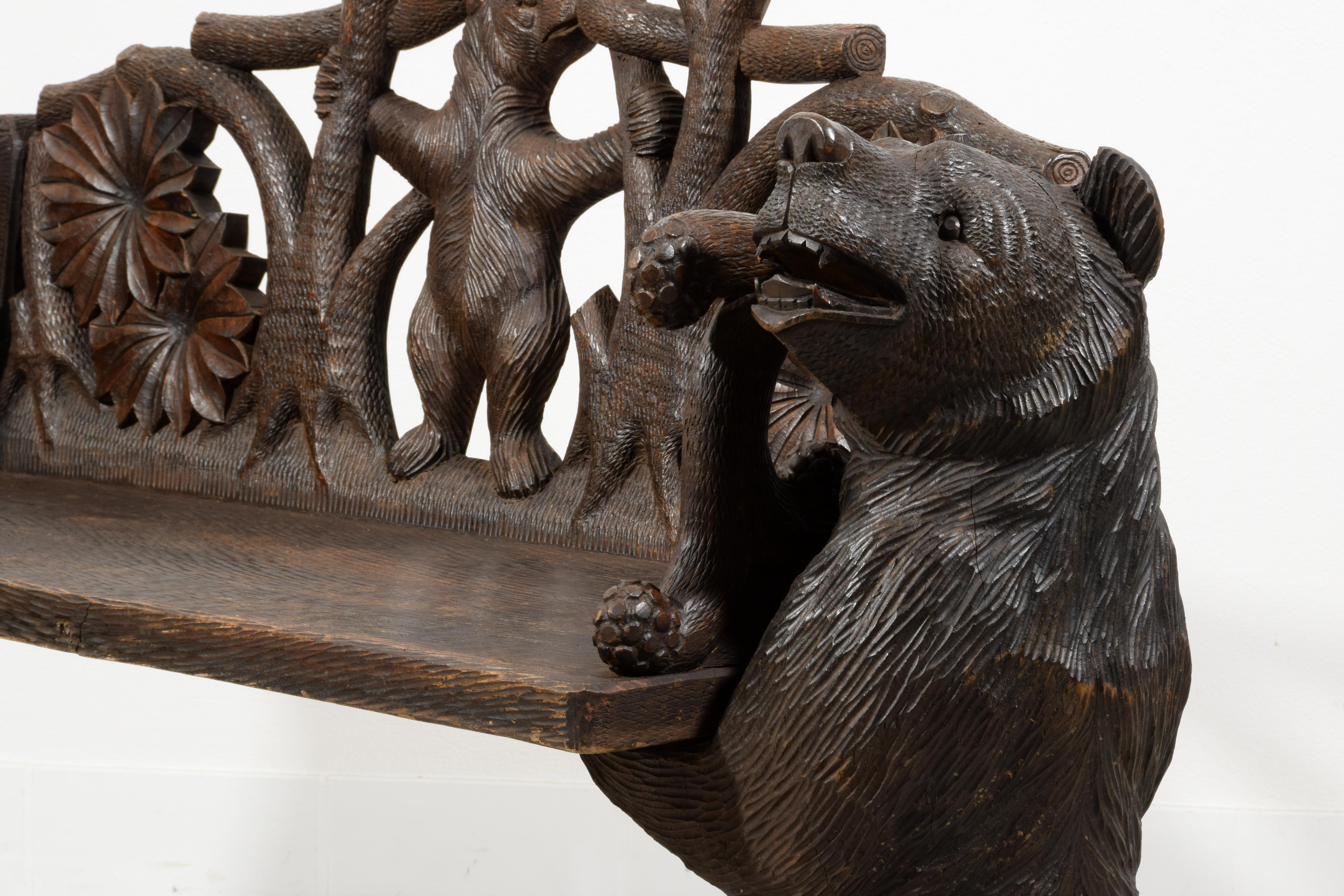 20th century,  Black Forest Brienz Hand Carved Wood bench with Bears  For Sale 3