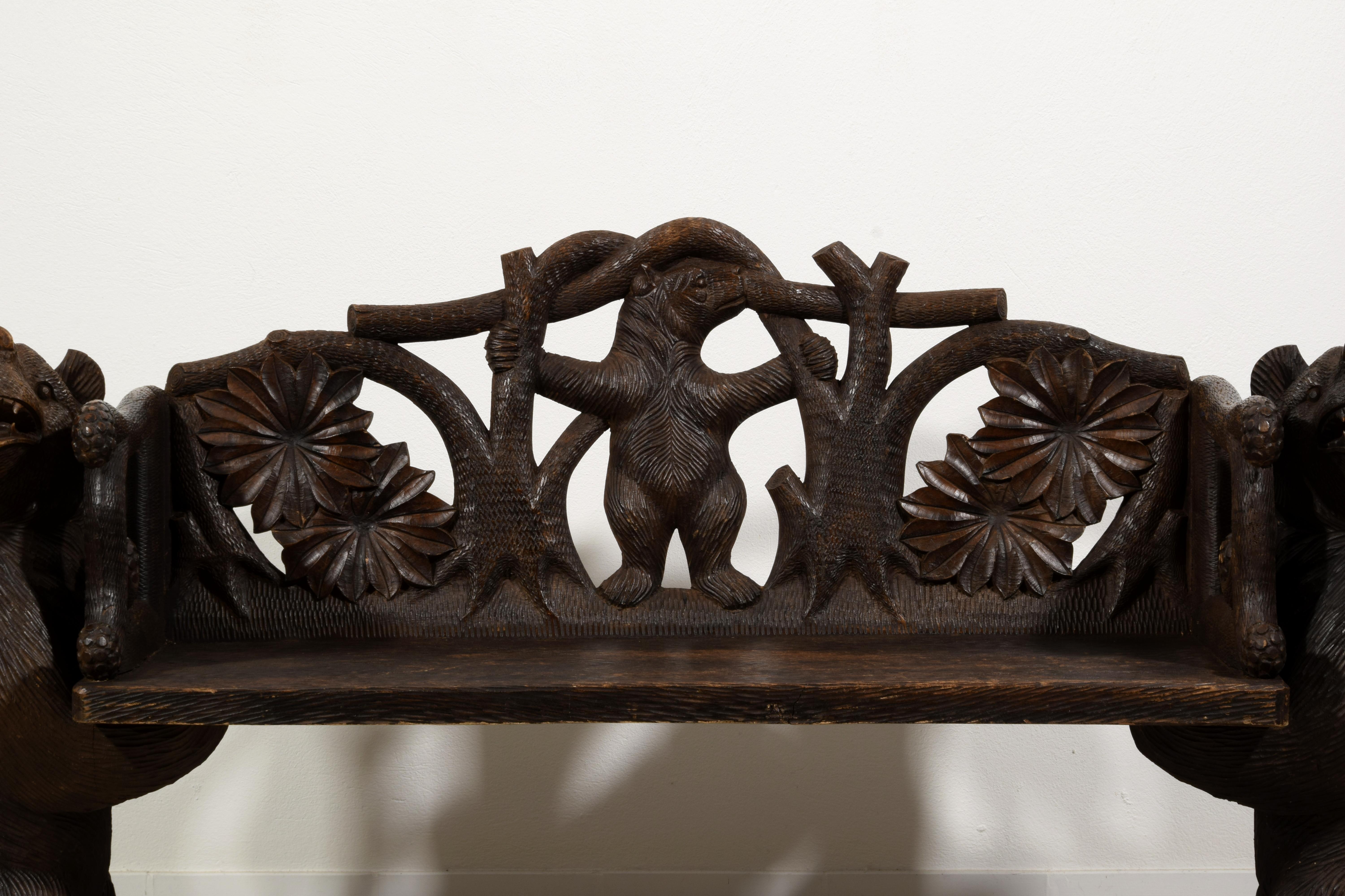 20th century,  Black Forest Brienz Hand Carved Wood bench with Bears  For Sale 5