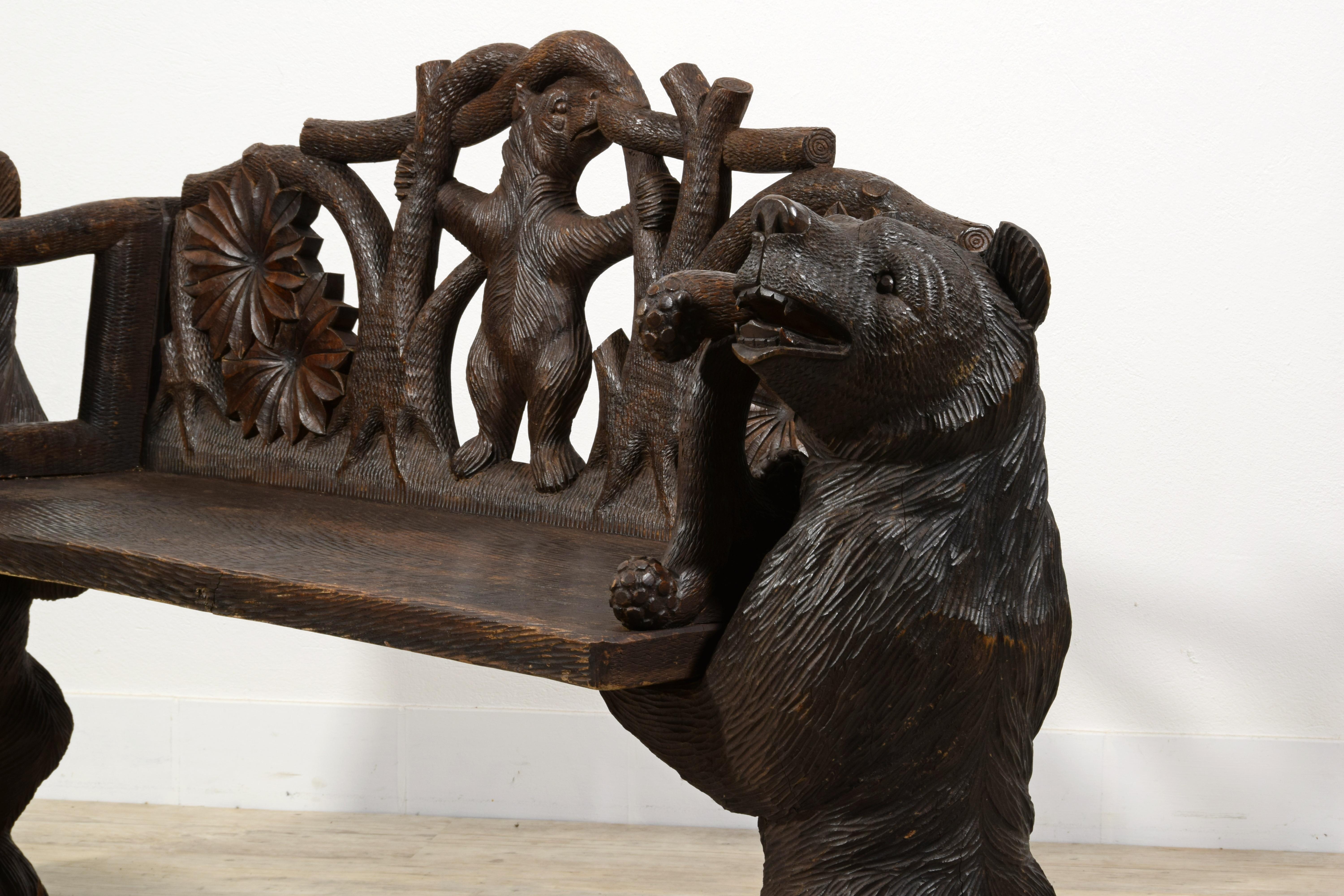 20th century,  Black Forest Brienz Hand Carved Wood bench with Bears  For Sale 7