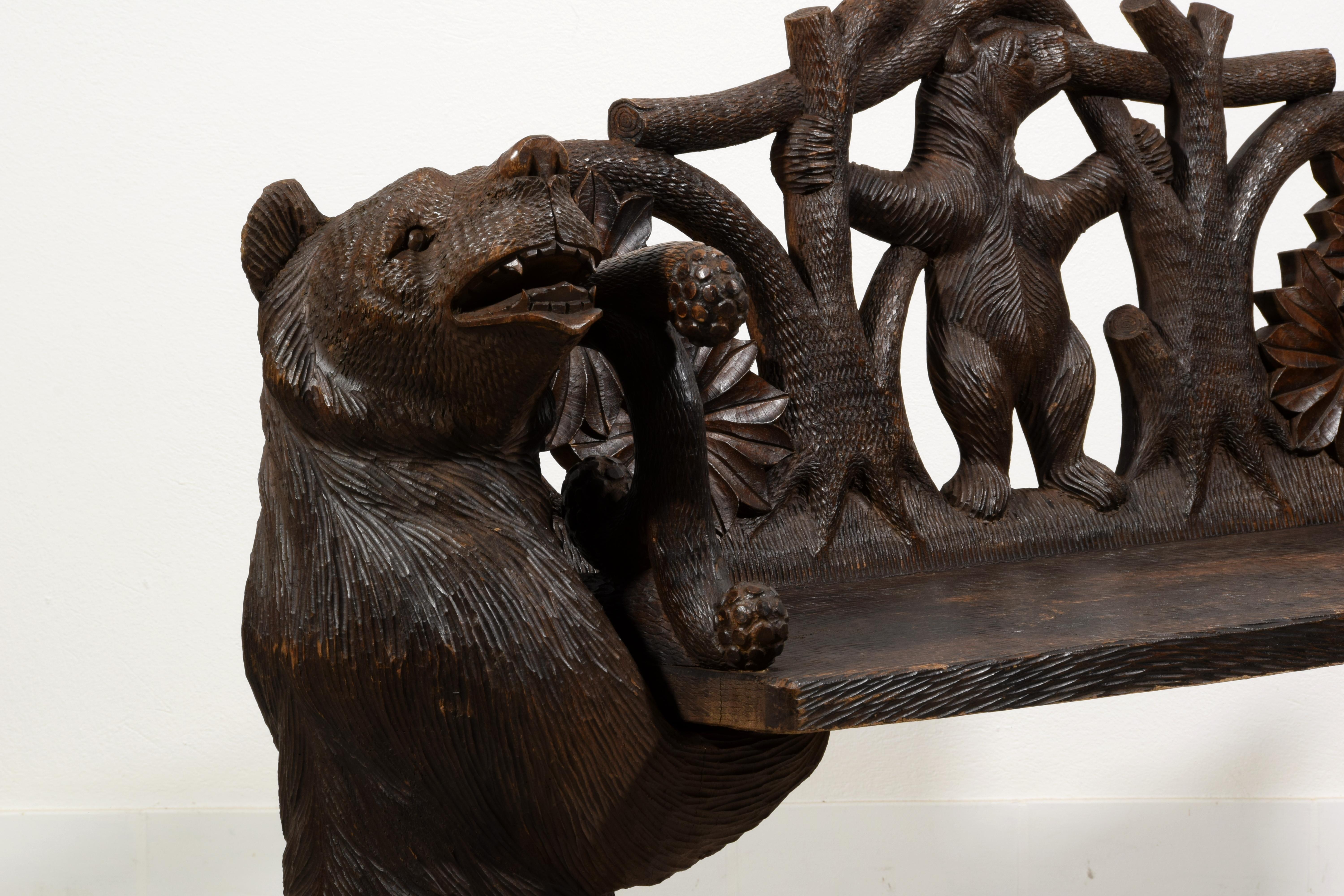 20th century,  Black Forest Brienz Hand Carved Wood bench with Bears  For Sale 9