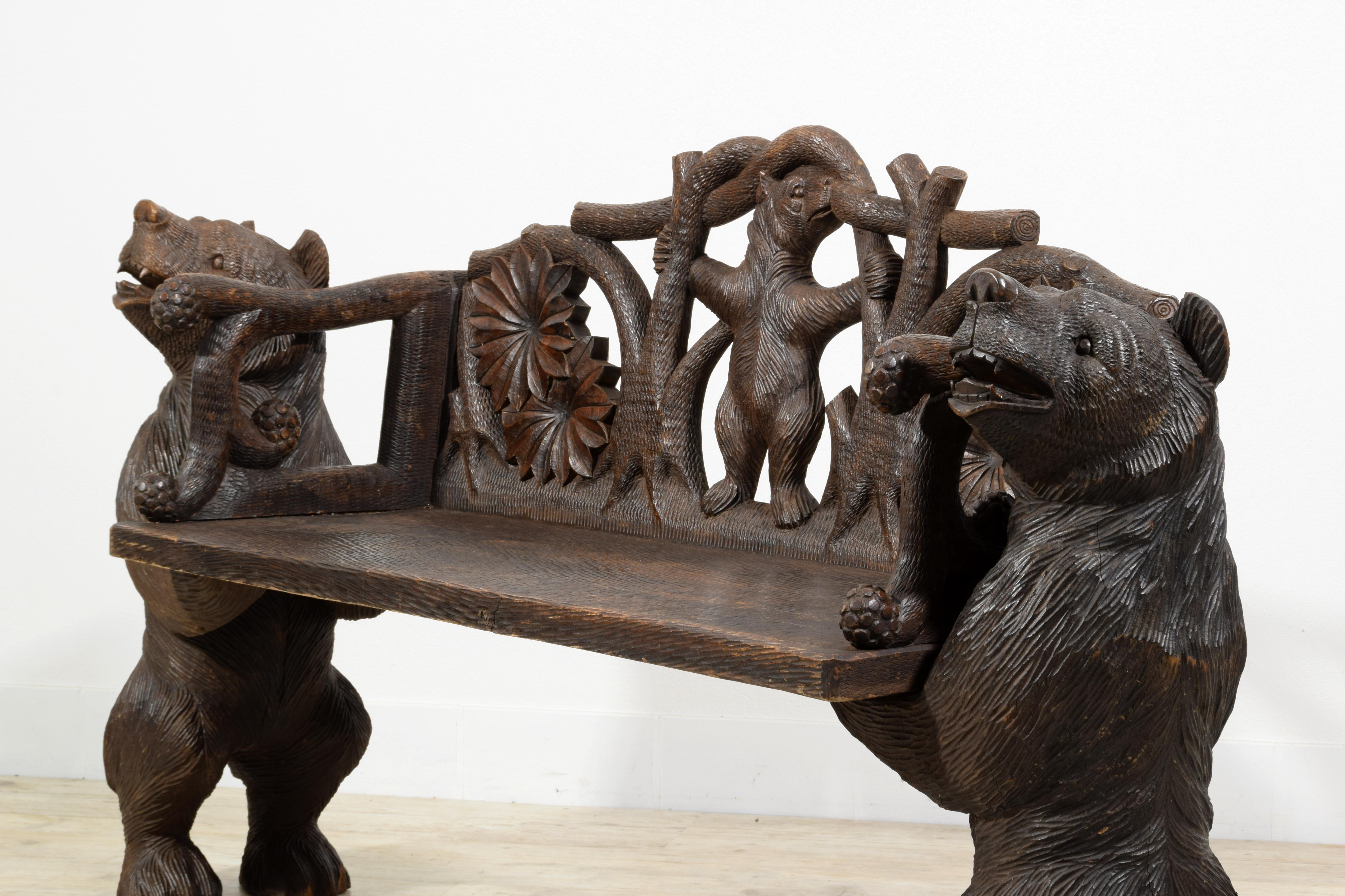 20th century,  Black Forest Brienz Hand Carved Wood bench with Bears  For Sale 11