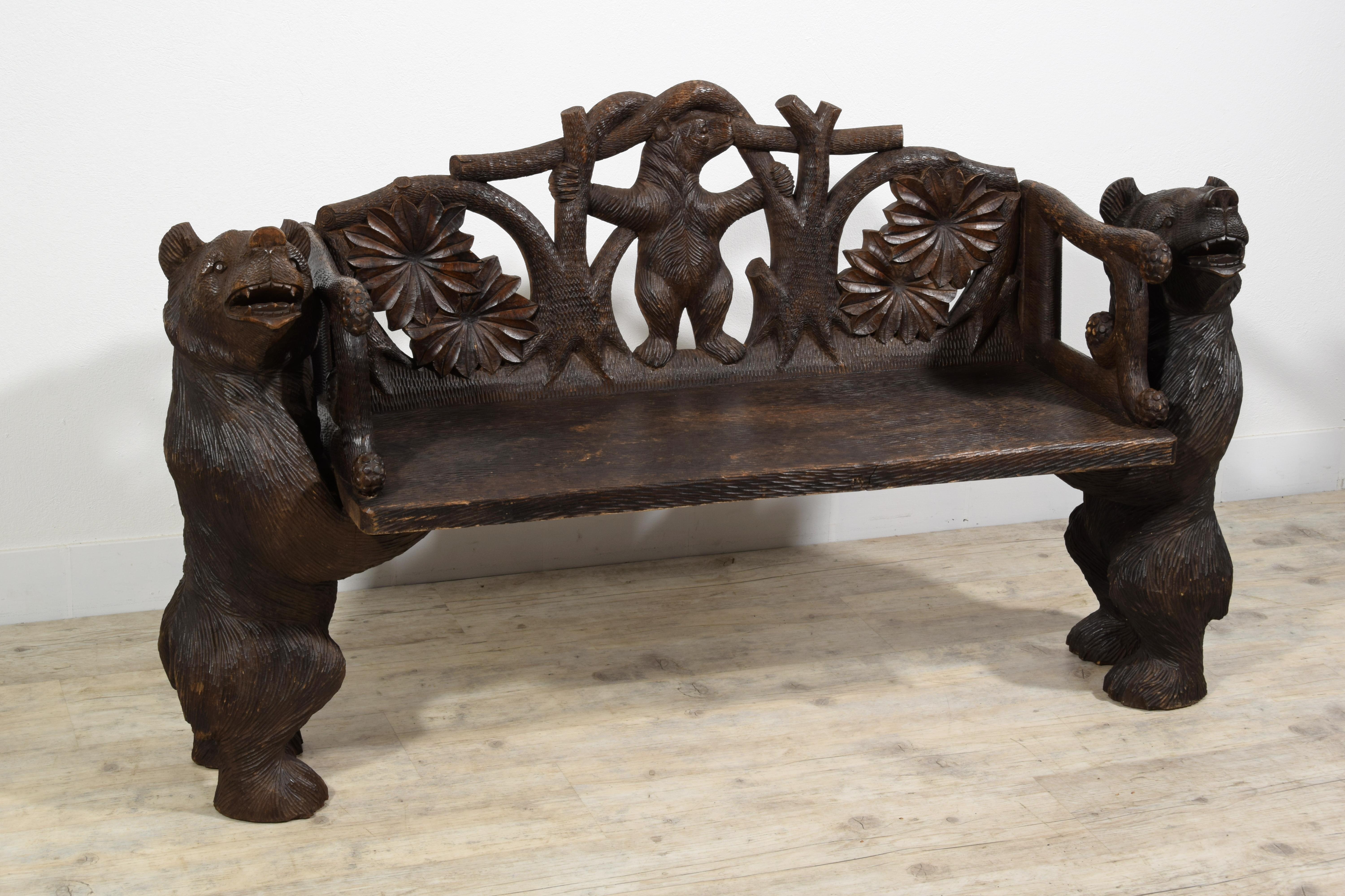 20th century,  Black Forest Brienz Hand Carved Wood bench with Bears  For Sale 12