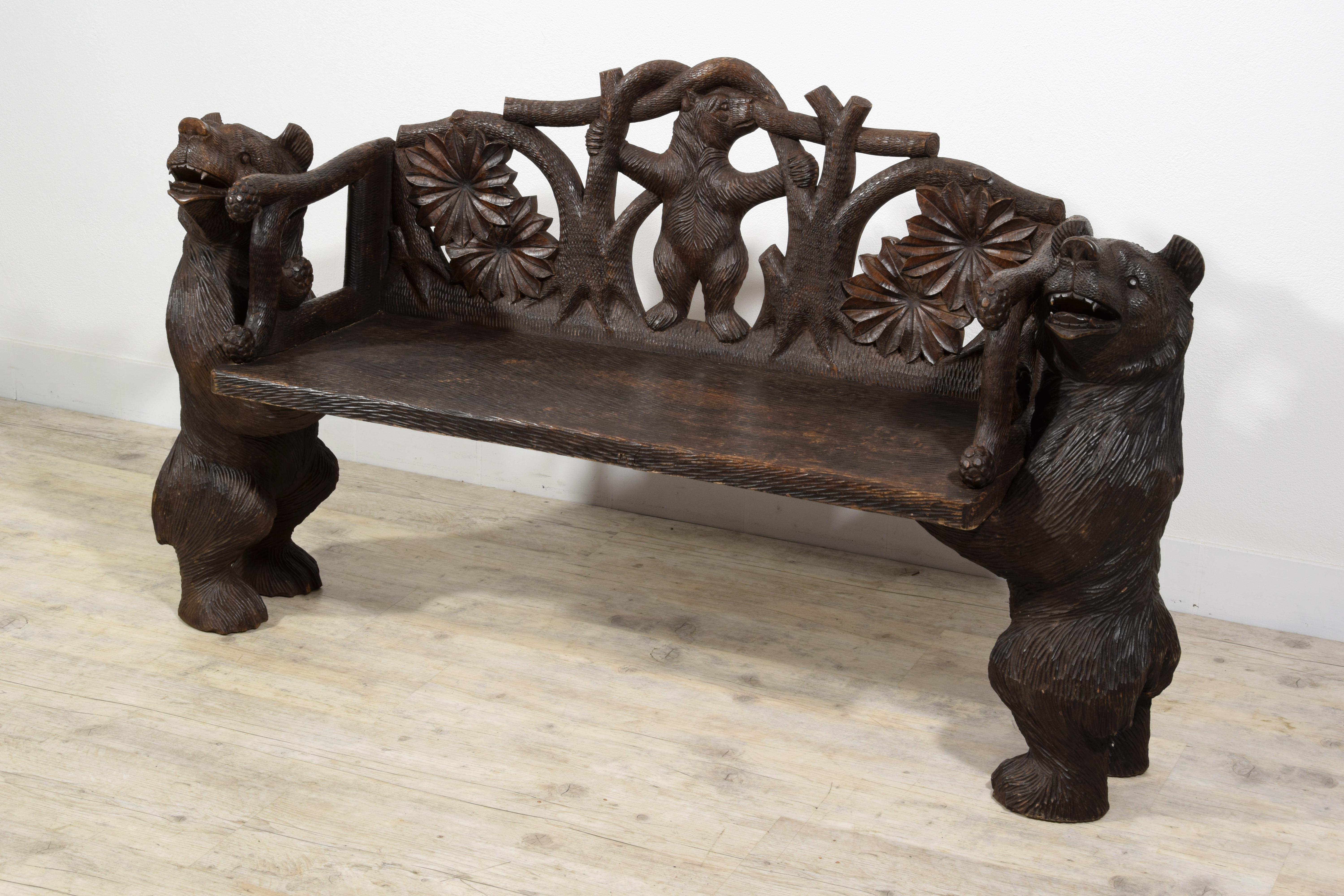 20th century,  Black Forest Brienz Hand Carved Wood bench with Bears  For Sale 13