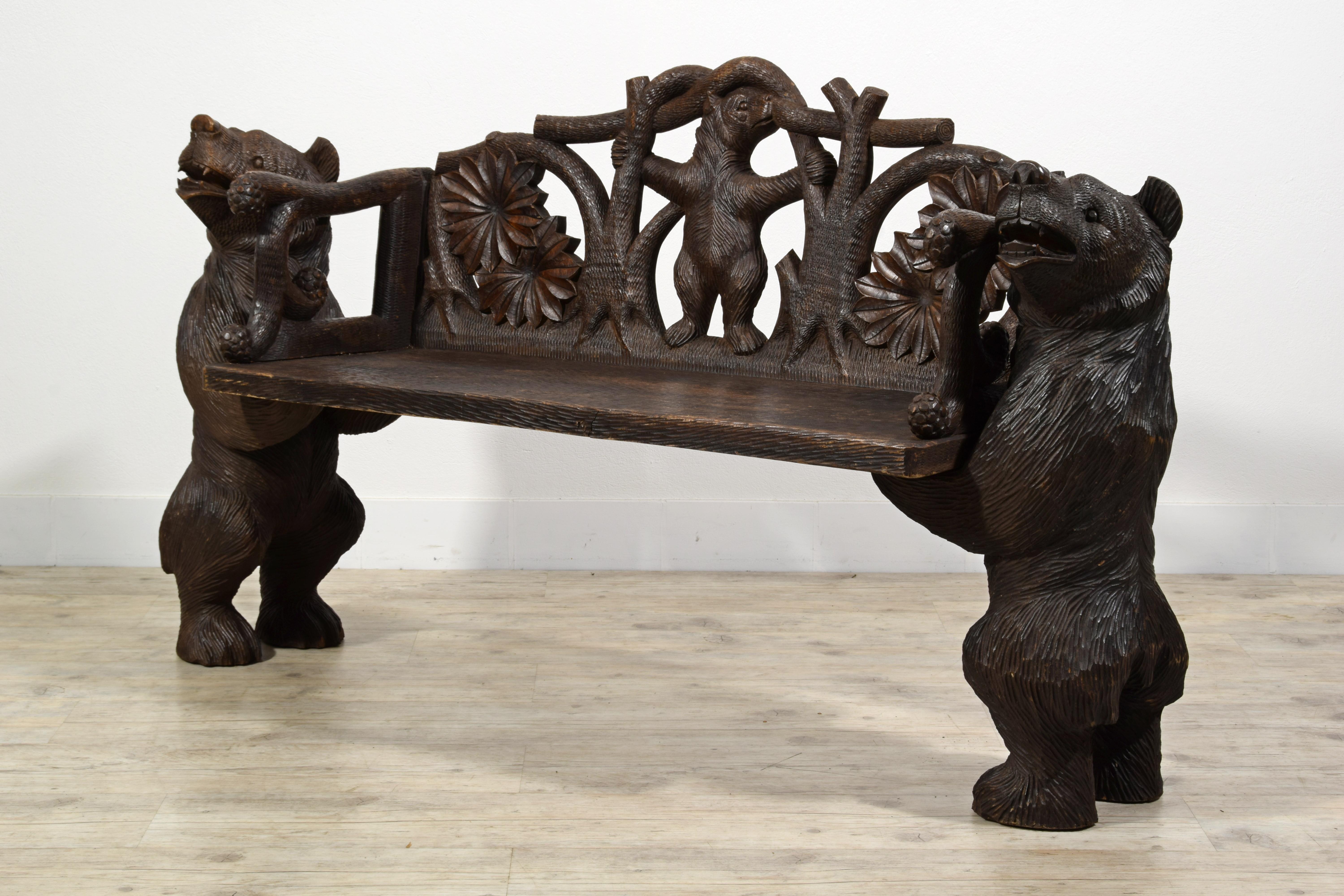 Rustic 20th century,  Black Forest Brienz Hand Carved Wood bench with Bears  For Sale