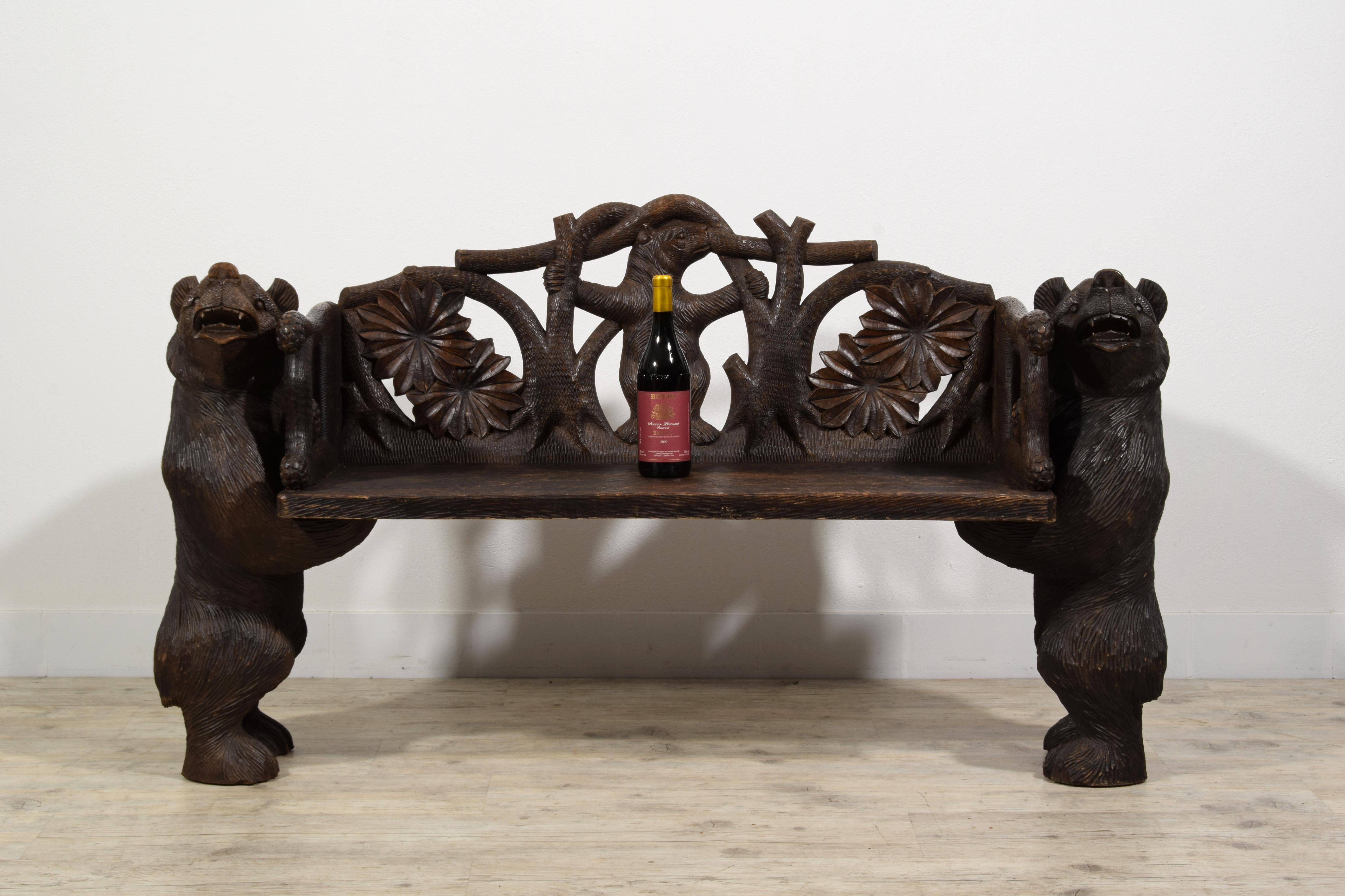 Hand-Carved 20th century,  Black Forest Brienz Hand Carved Wood bench with Bears  For Sale