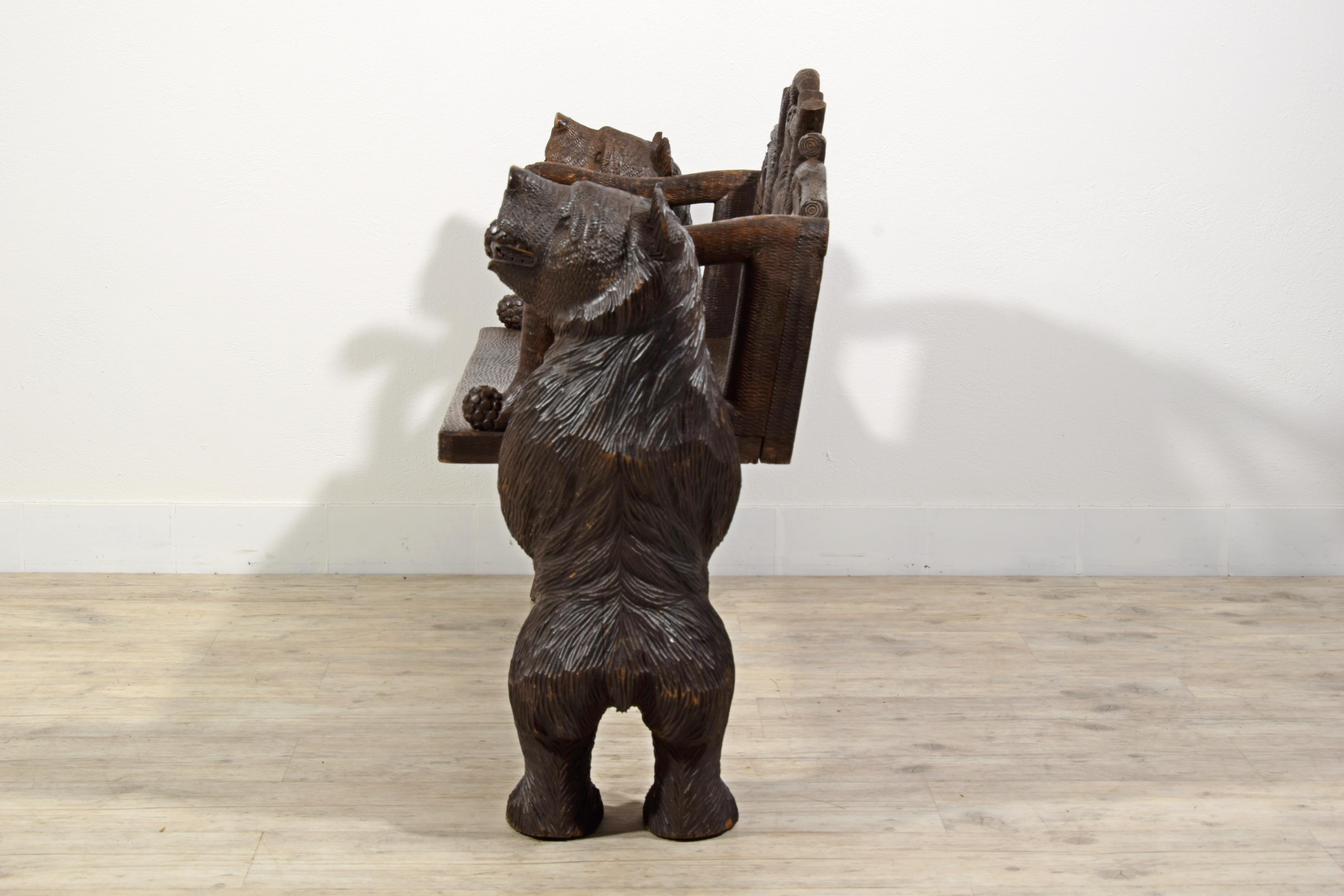 20th Century 20th century,  Black Forest Brienz Hand Carved Wood bench with Bears  For Sale