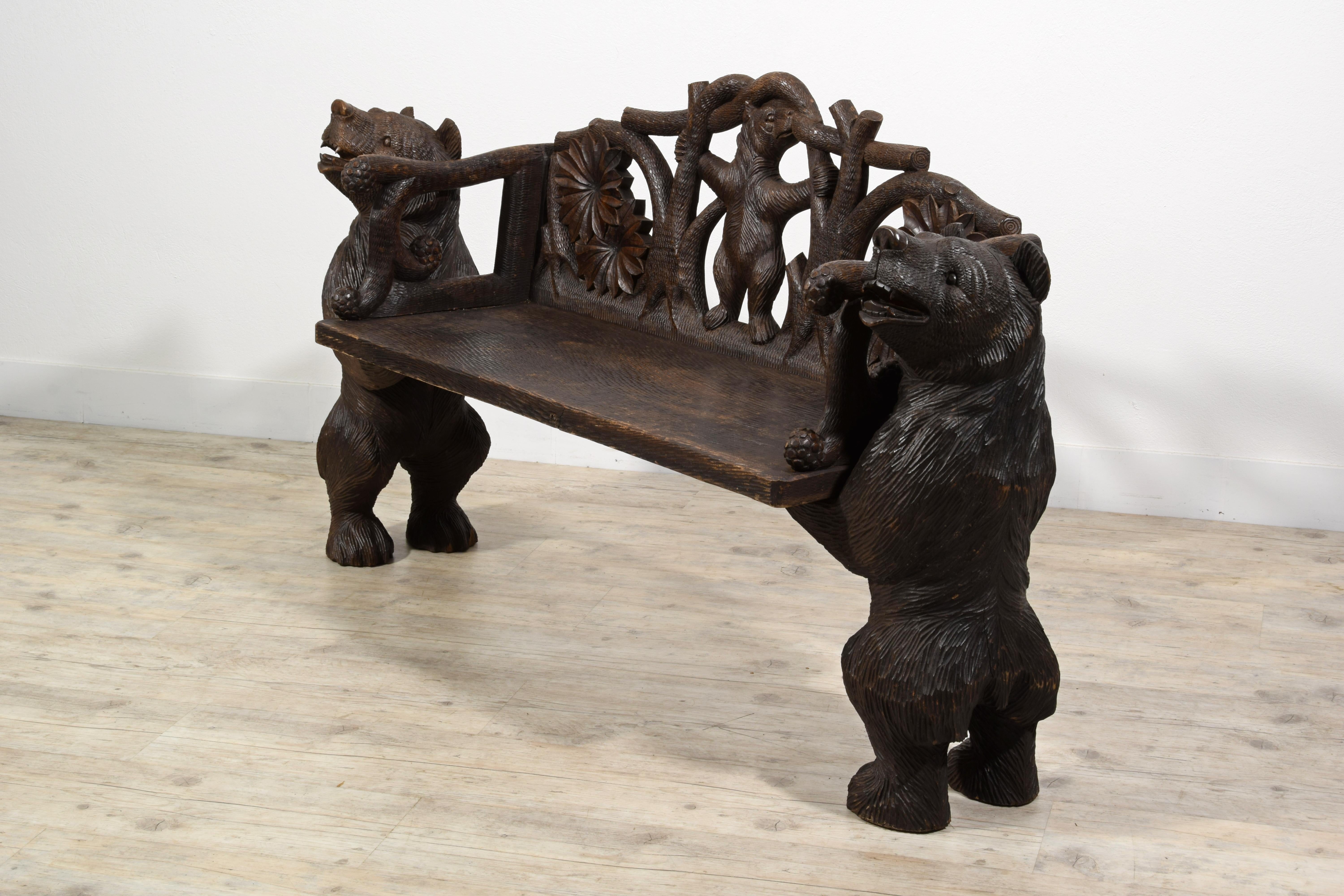 20th century,  Black Forest Brienz Hand Carved Wood bench with Bears  For Sale 2