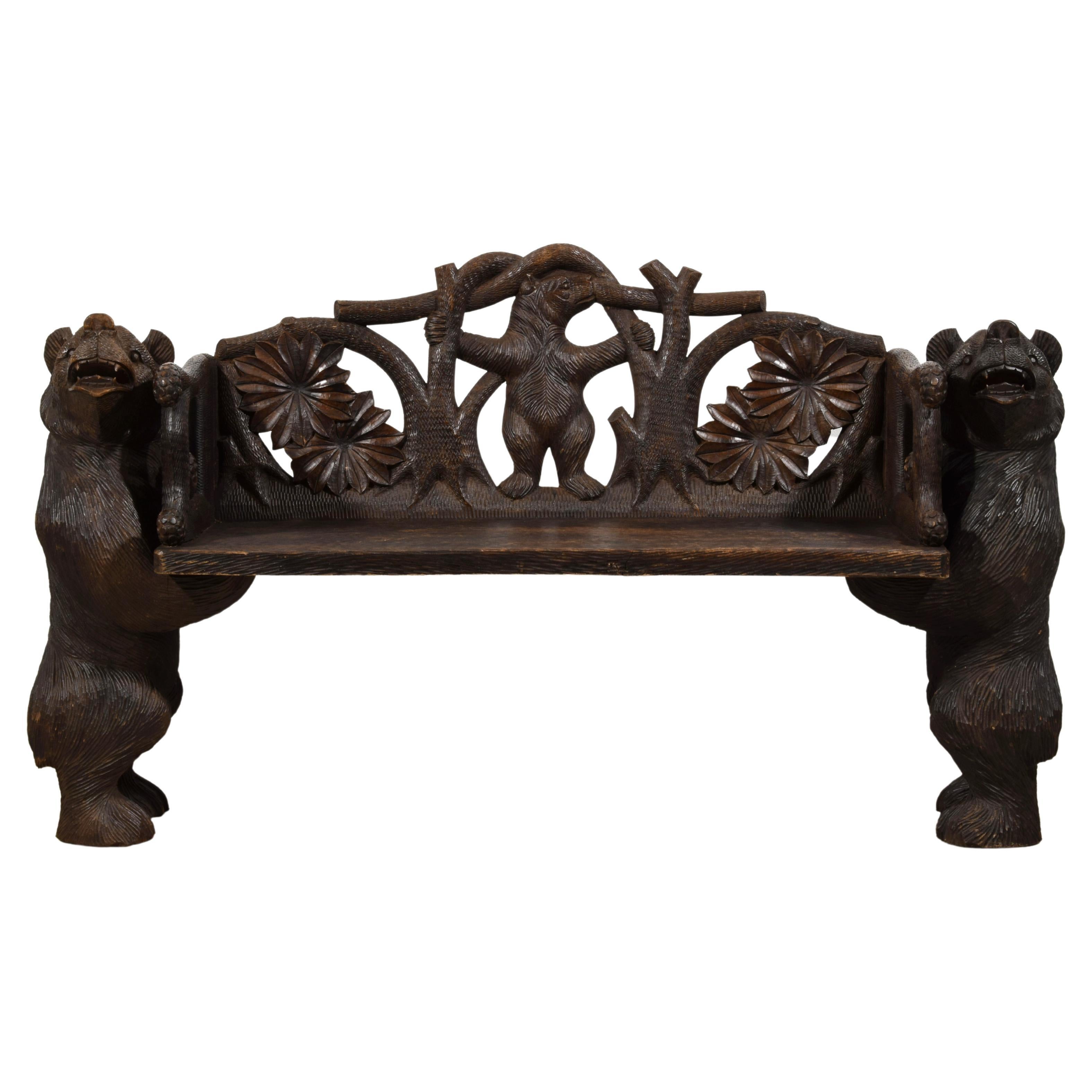 20th century,  Black Forest Brienz Hand Carved Wood bench with Bears  For Sale