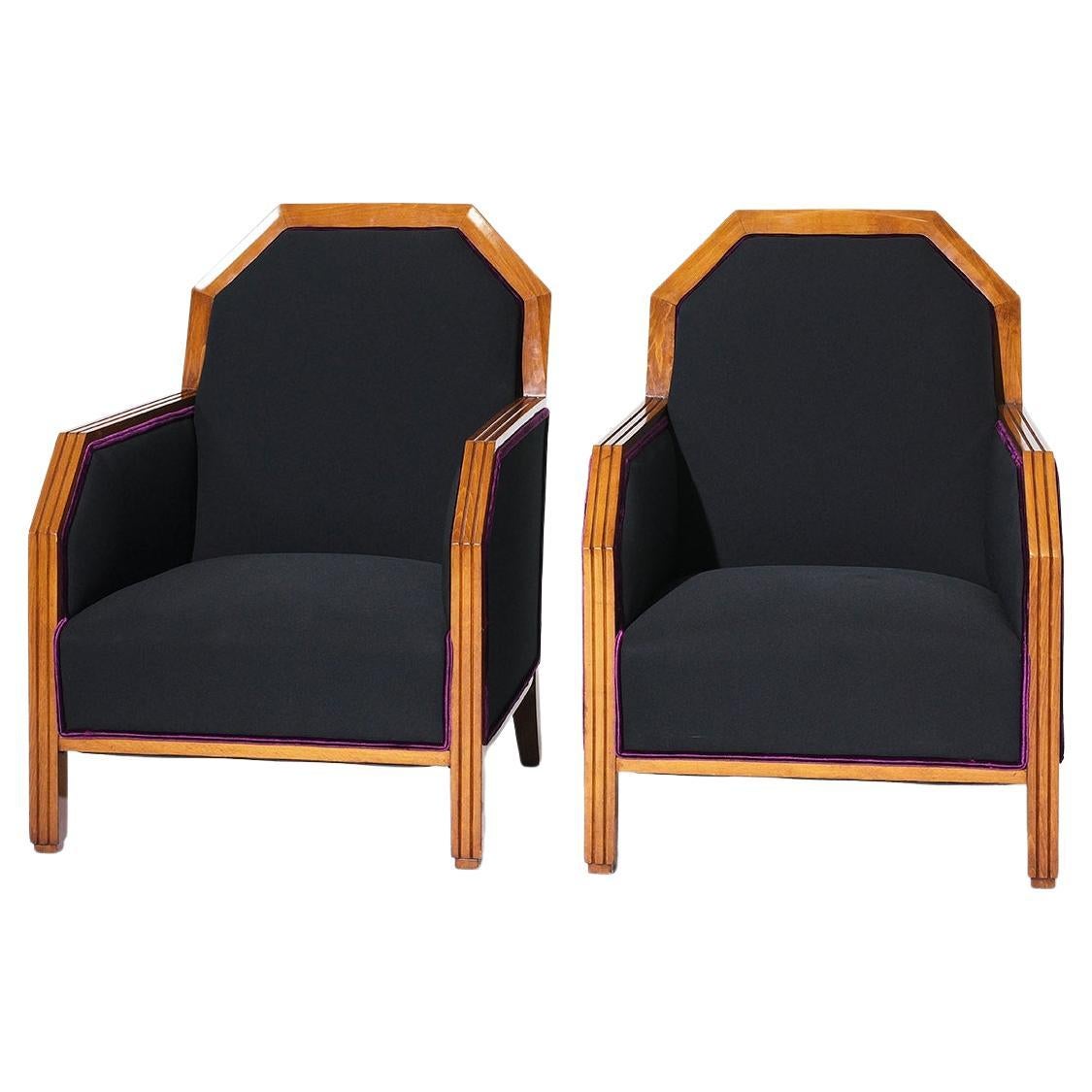 20th Century Black French Art Deco Pair of Vintage Birchwood Club Chairs