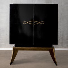 20th Century Black French Art Deco Ebonized Cabinet - Vintage Mahogany Cupboard