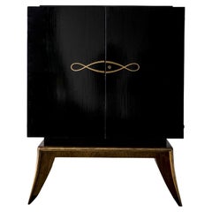 20th Century Black French Art Deco Ebonized Cabinet - Vintage Mahogany Cupboard