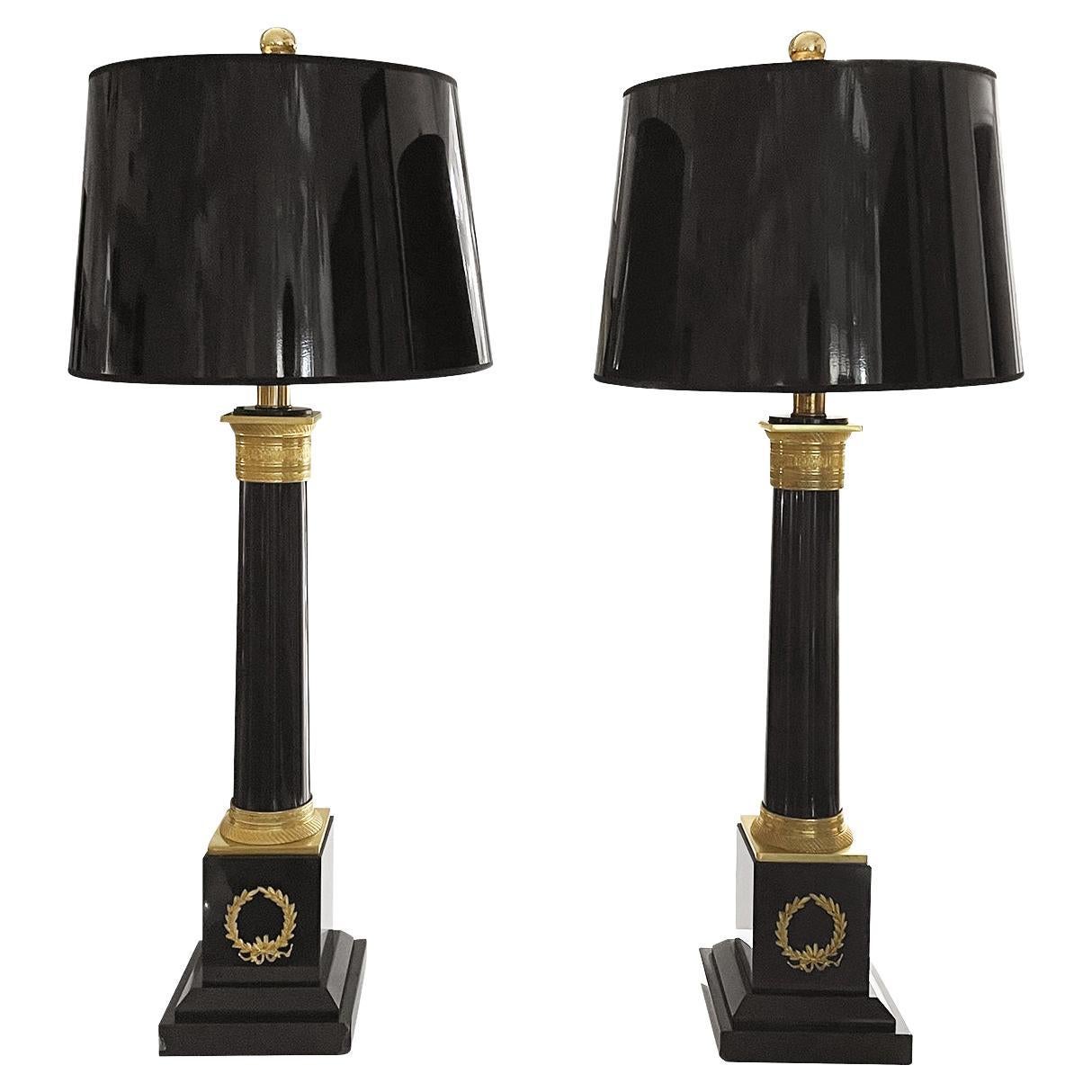 20th Century Black French Pair of Large Marble, Gilded Bronze Table Lamps