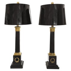 20th Century Black French Pair of Large Marble, Gilded Bronze Table Lamps