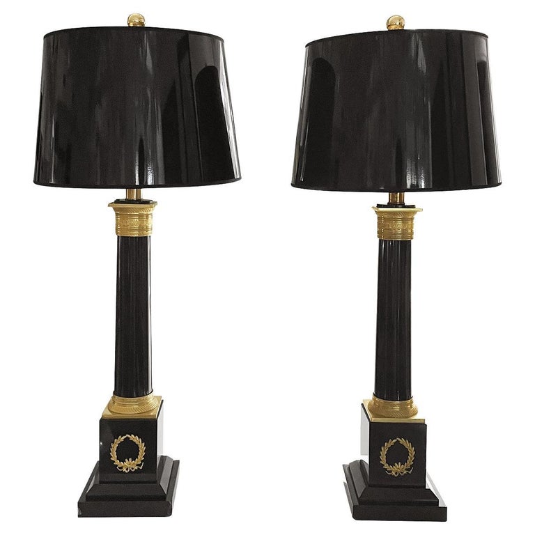 20th Century Black French Pair of Large Marble, Gilded Bronze Table Lamps For Sale at 1stDibs