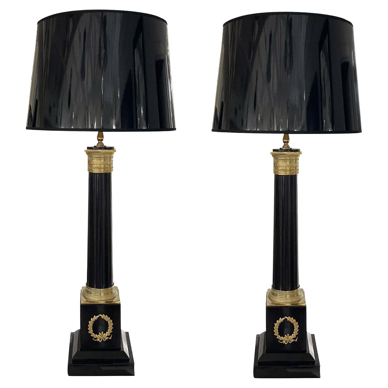 20th Century Black French Pair of Large Marble, Gilded Bronze Table Lights For Sale
