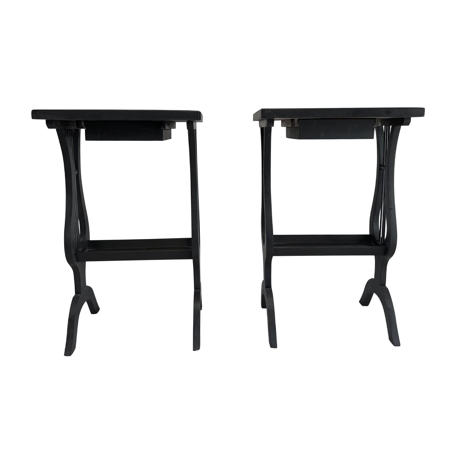Hand-Painted 20th Century Black French Pair of Pinewood Nightstands - Vintage Bed Side Tables For Sale
