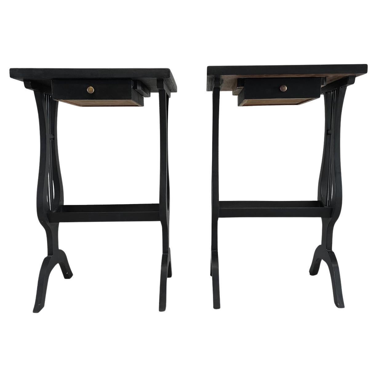 20th Century Black French Pair of Pinewood Nightstands - Vintage Bed Side Tables