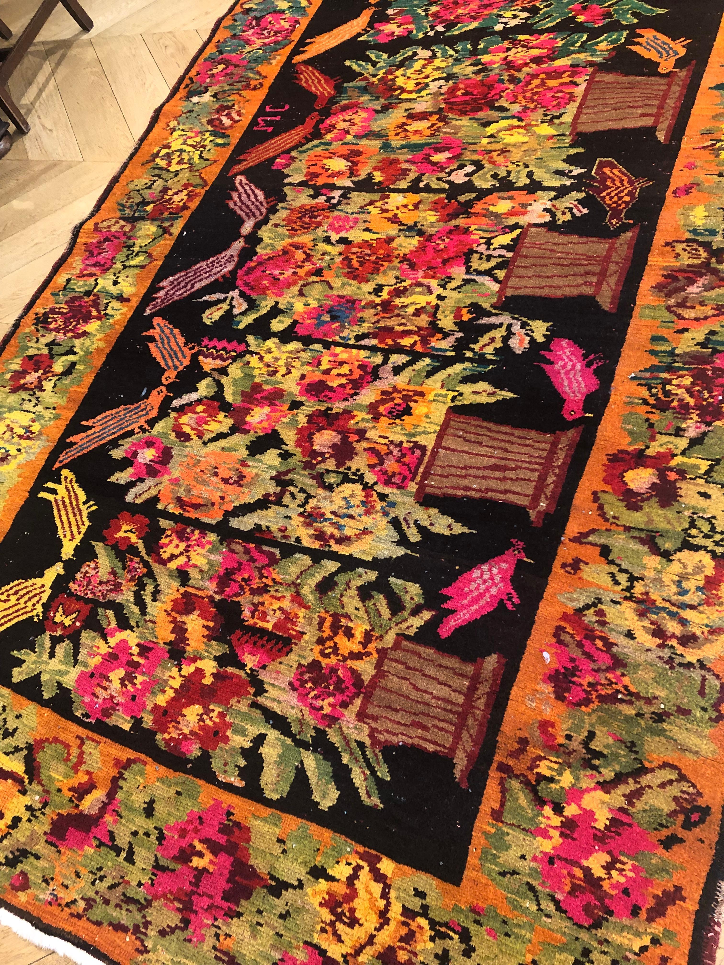 Hand-Knotted 20th Century Black Garden and Brids Karabagh Rug, ca 1920 For Sale
