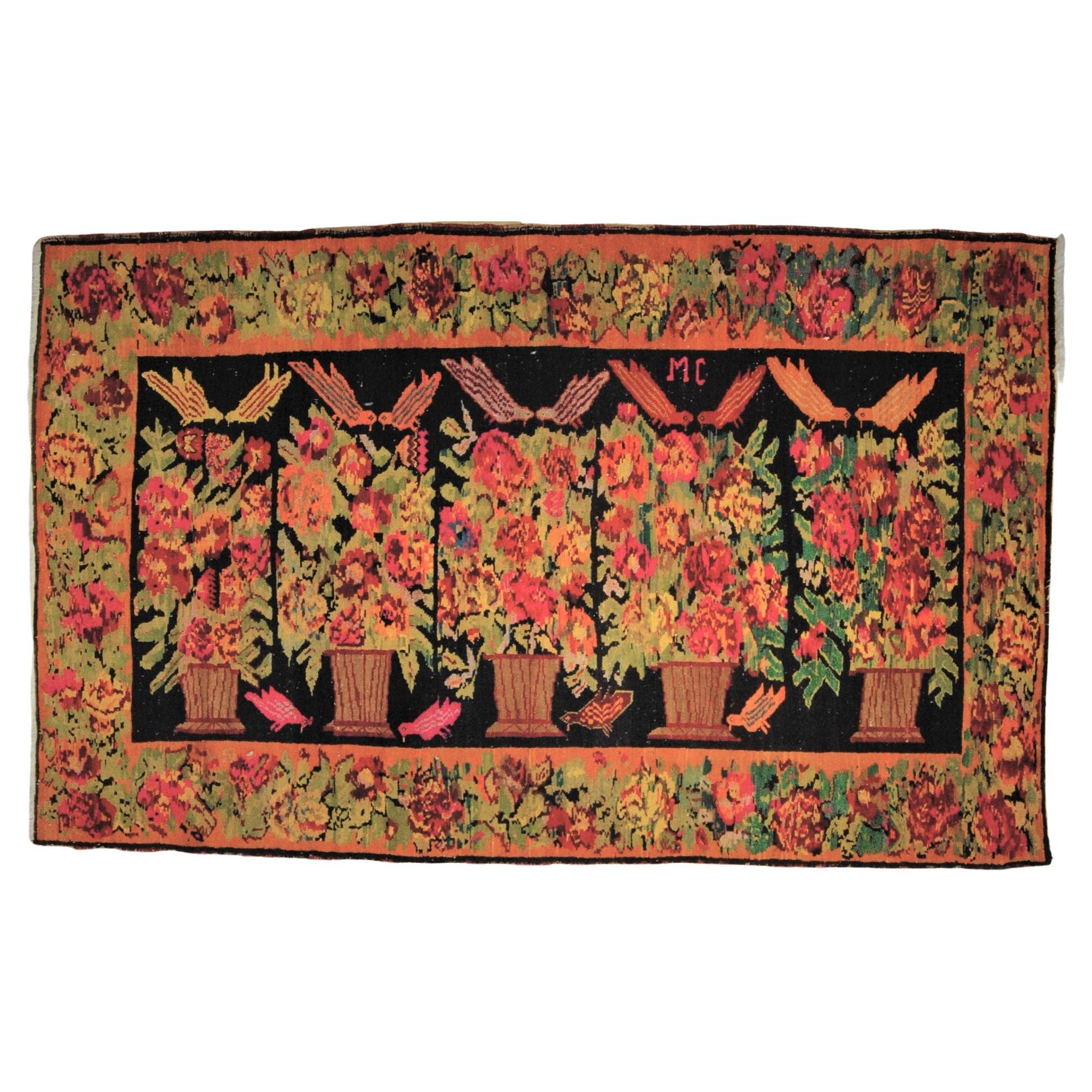 20th Century Black Garden and Brids Karabagh Rug, ca 1920 For Sale