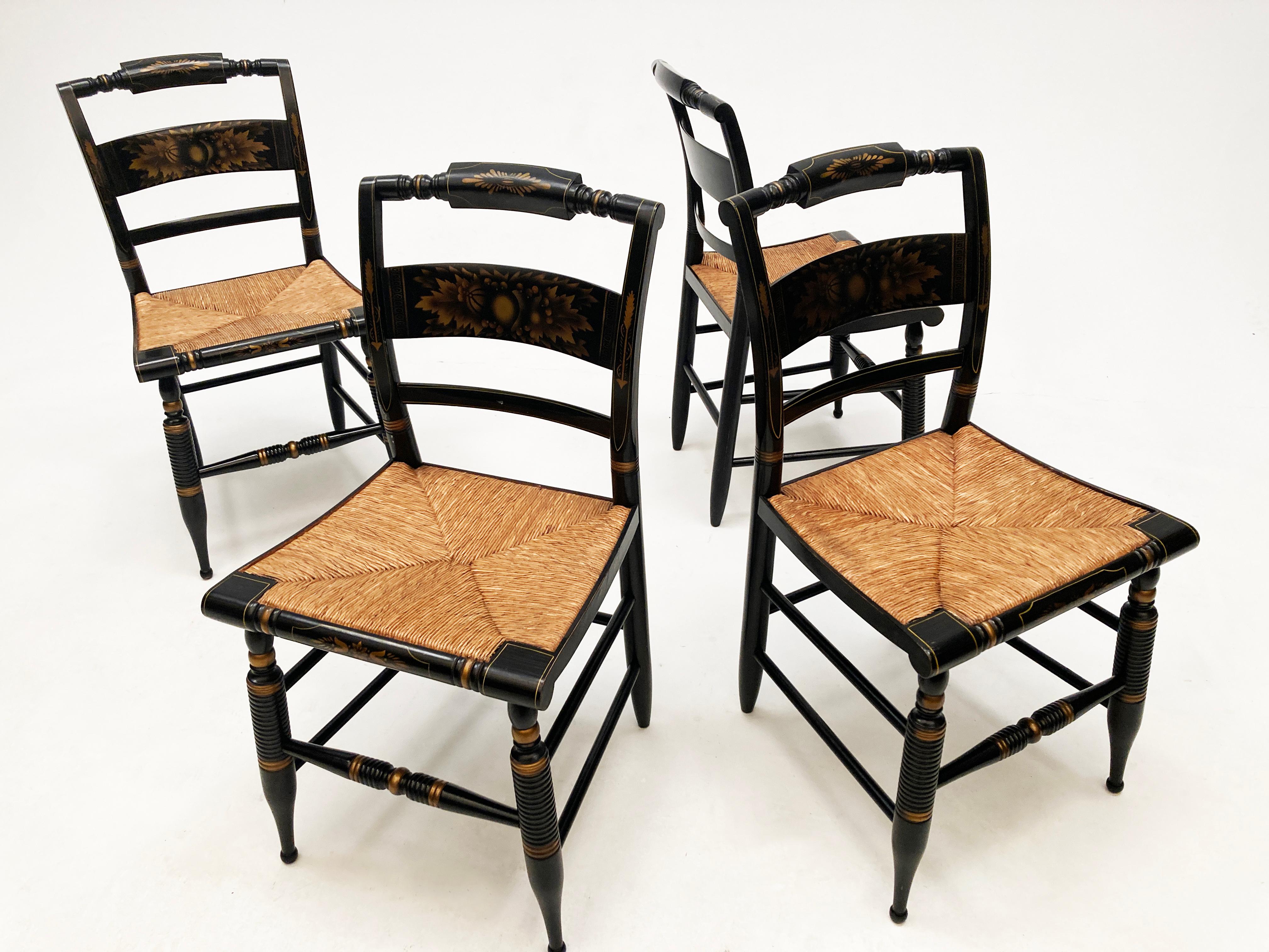 American Classical 20th Century Black Hitchcock Rush Seat Dining Chairs Set of 4