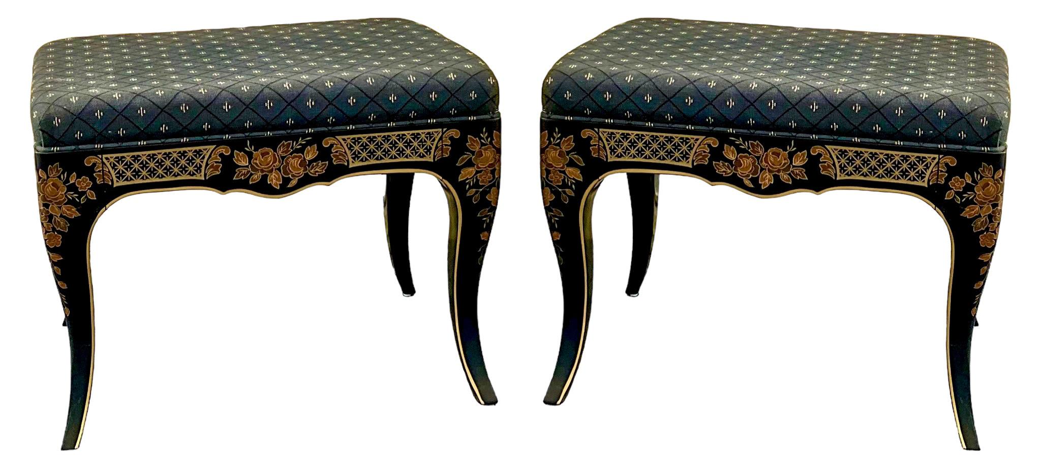 Upholstery 20th Century Black Lacquer Chinoiserie Painted Ottomans - Pail lol For Sale