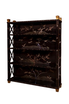 20th century black lacquer Chippendale style mother of pearl bookcase