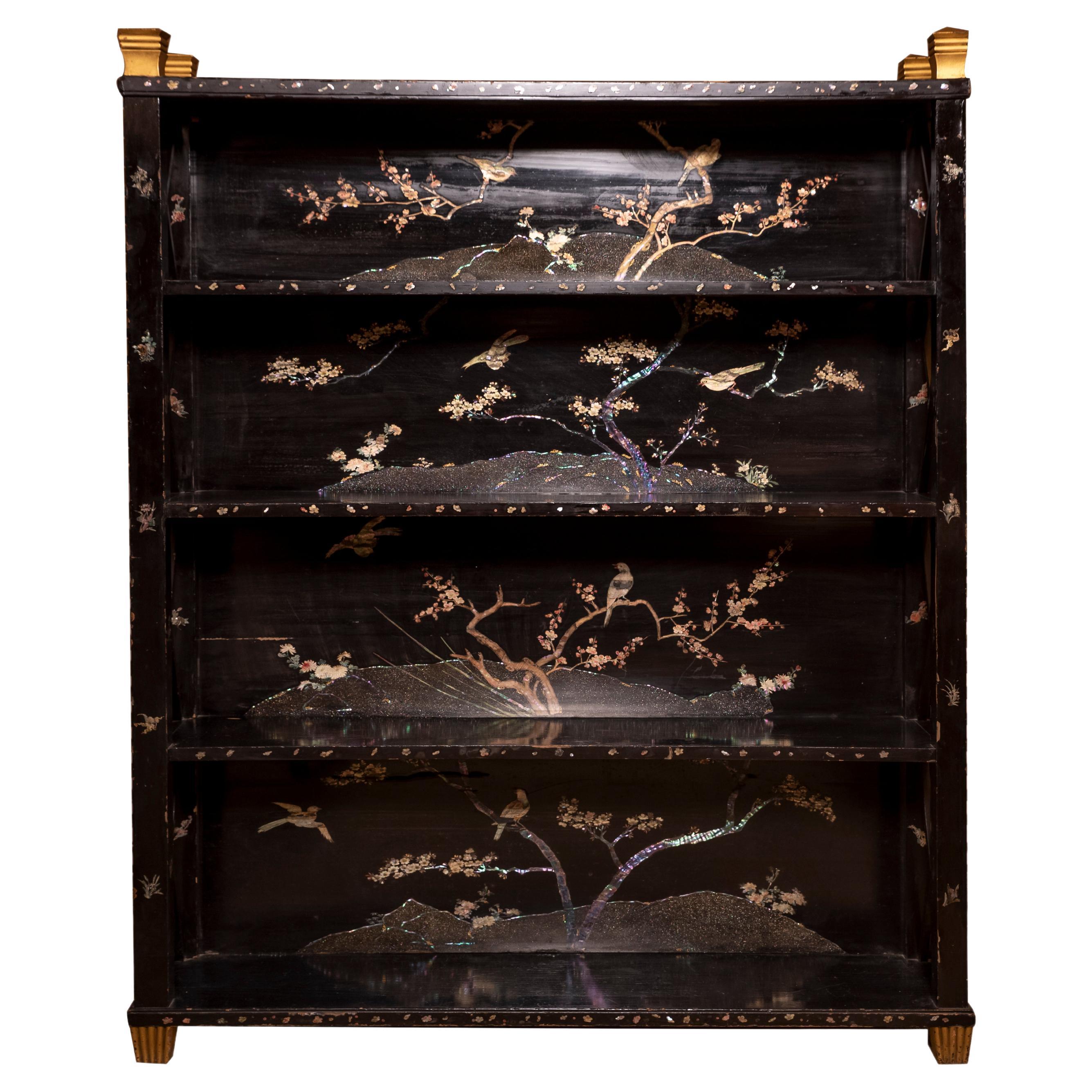 20th century black lacquer Chippendale style mother of pearl bookcase