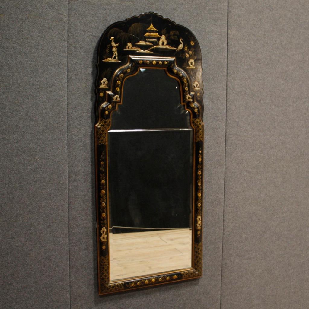 20th Century Black Lacquered and Painted Chinoiserie Wood French Mirror, 1960 7