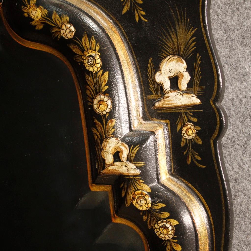 20th Century Black Lacquered and Painted Chinoiserie Wood French Mirror, 1960 4